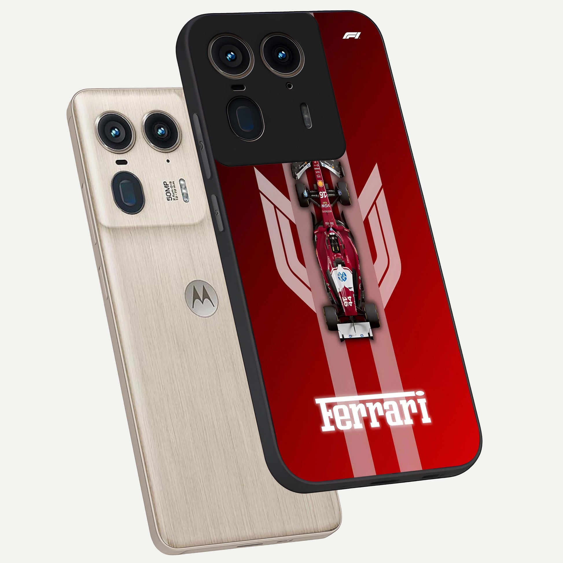 Red Ferrari F1 Vertical Glass Case displayed in angled mockup highlighting high speed racing design with bold automotive aesthetic.