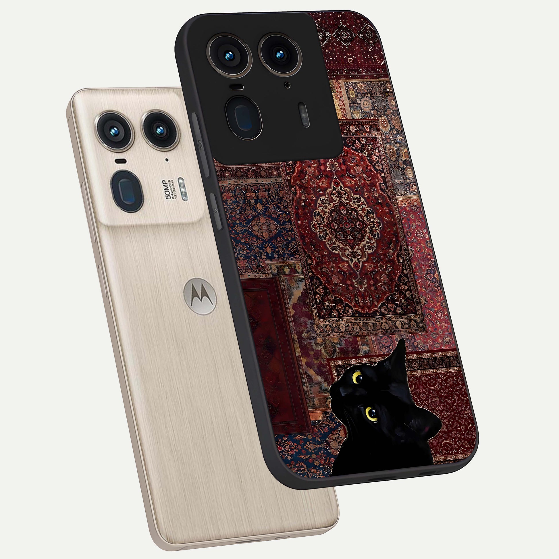 Regal Magic Cat Apple Glass Case displayed in angled mockup highlighting whimsical feline design with fantasy aesthetic.