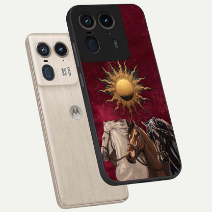 Solar Riders Glass Case displayed in angled mockup highlighting powerful rider illustration with radiant solar aesthetic.