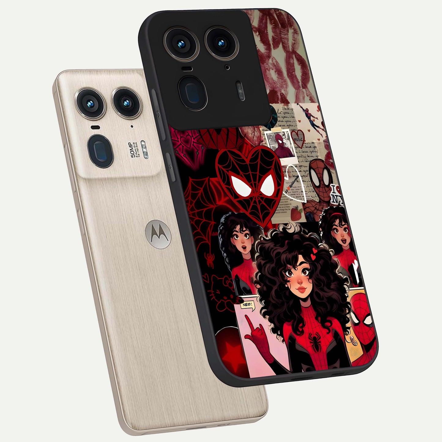 Spider Love Story Glass Case displayed in angled mockup highlighting expressive comic inspired design with playful aesthetic.