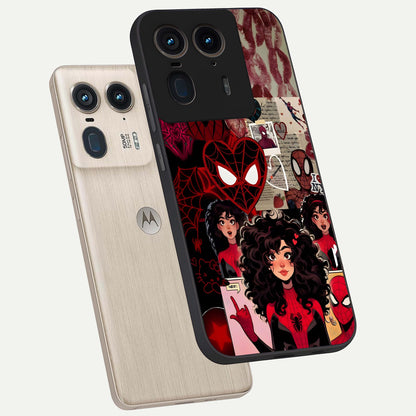 Spider Love Story Glass Case displayed in angled mockup highlighting expressive comic inspired design with playful aesthetic.
