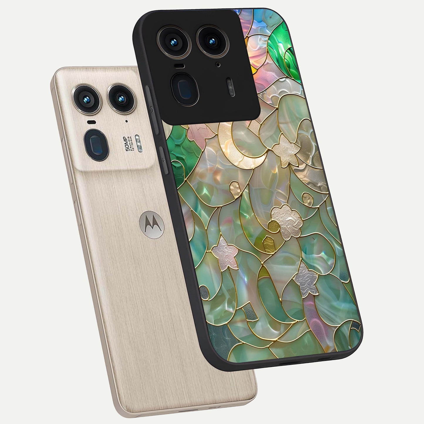 Stained Sunrise Glow Glass Case displayed in angled mockup highlighting radiant sunrise design with artistic aesthetic style.