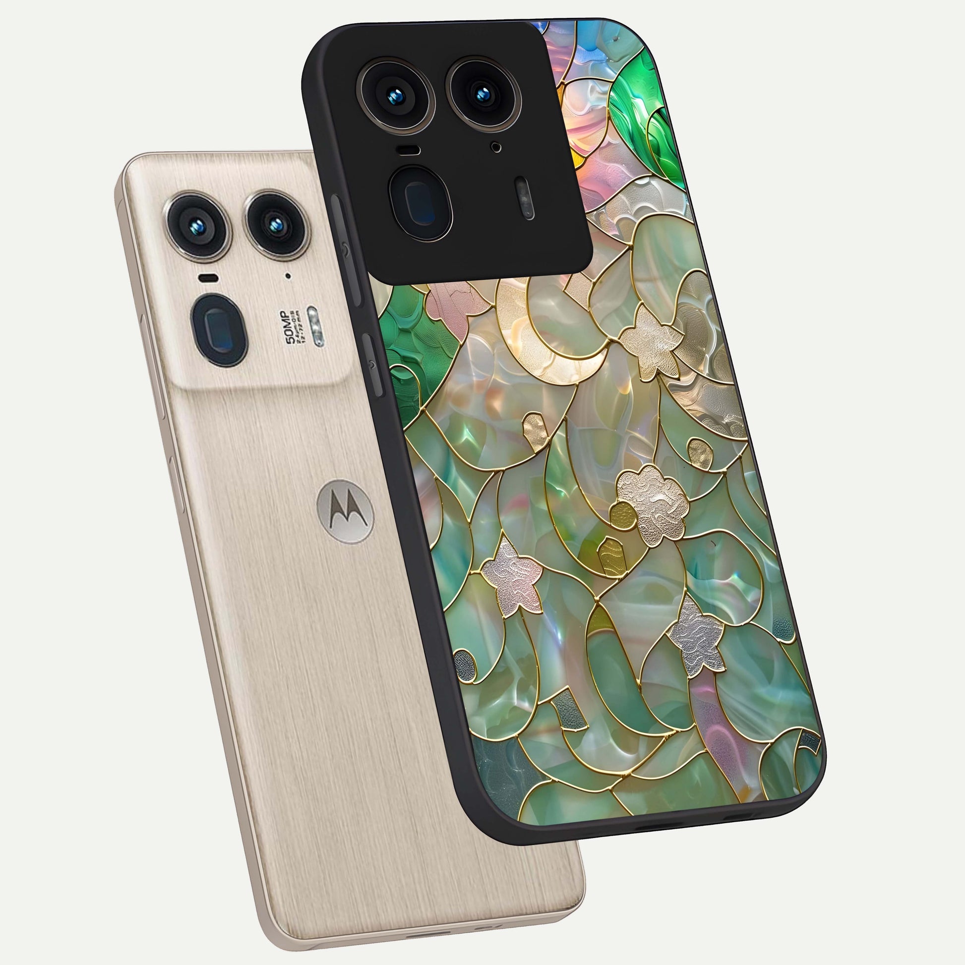 Stained Sunrise Glow Glass Case displayed in angled mockup highlighting radiant sunrise design with artistic aesthetic style.