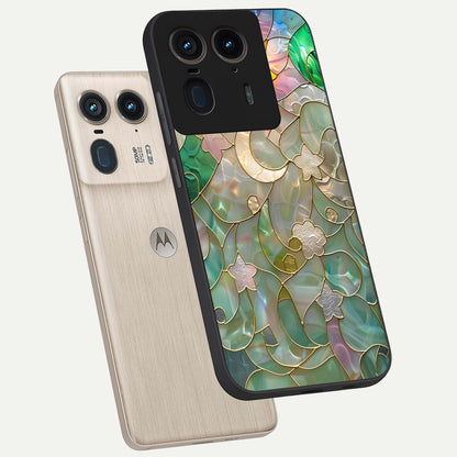 Stained Sunrise Glow Glass Case displayed in angled mockup highlighting radiant sunrise design with artistic aesthetic style.