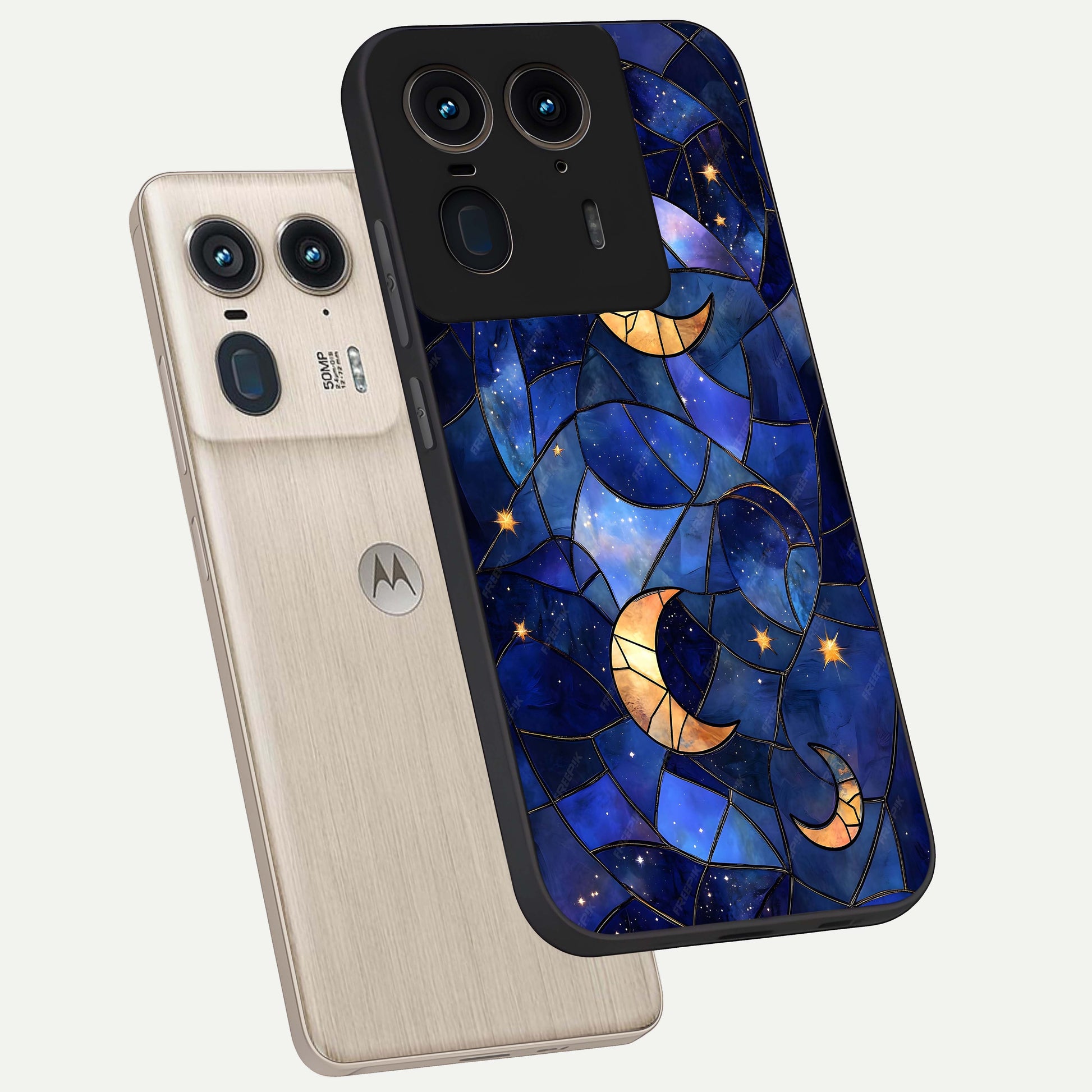 Starlit Sky Tapestry Glass Case displayed in angled mockup highlighting celestial night pattern with artistic aesthetic style.