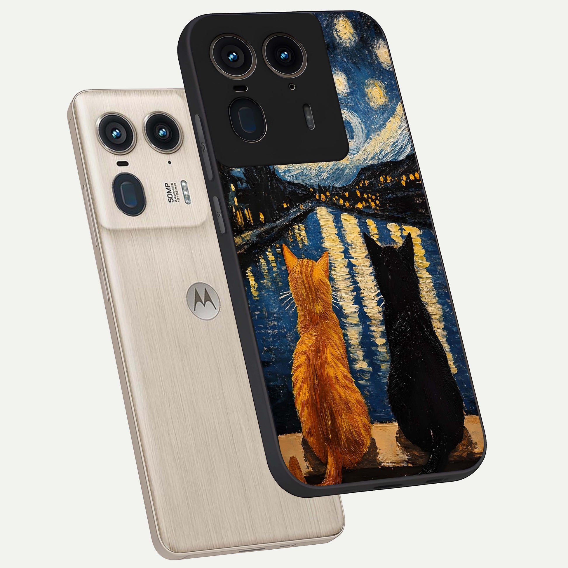 Starry River Cats Glass Case displayed in angled mockup highlighting charming feline illustration with dreamy night aesthetic.