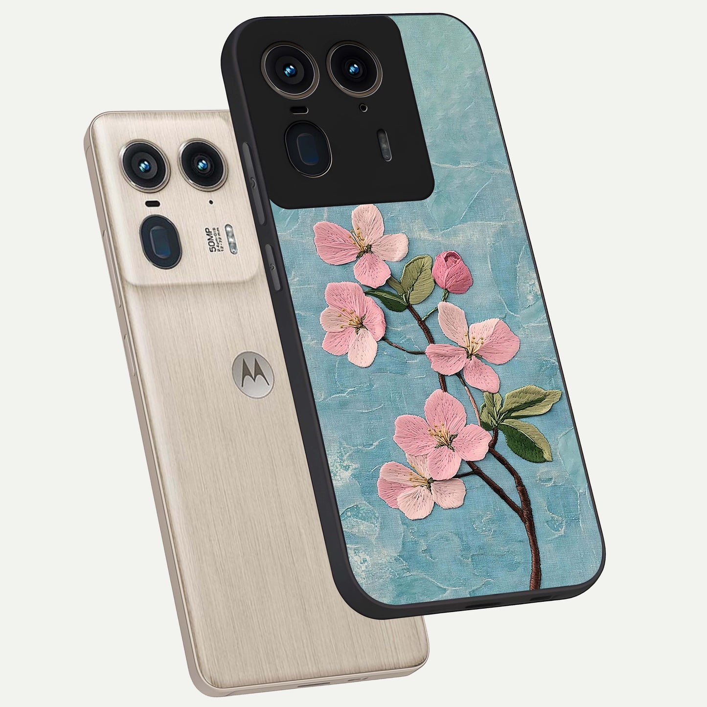 Threaded Blossom Breeze Glass Case displayed in angled mockup highlighting elegant floral design with soft aesthetic style.