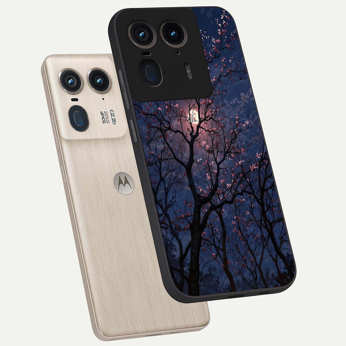 Twilight Sakura Serenade Glass Case displayed in angled mockup highlighting delicate sakura flower design with dreamy aesthetic.