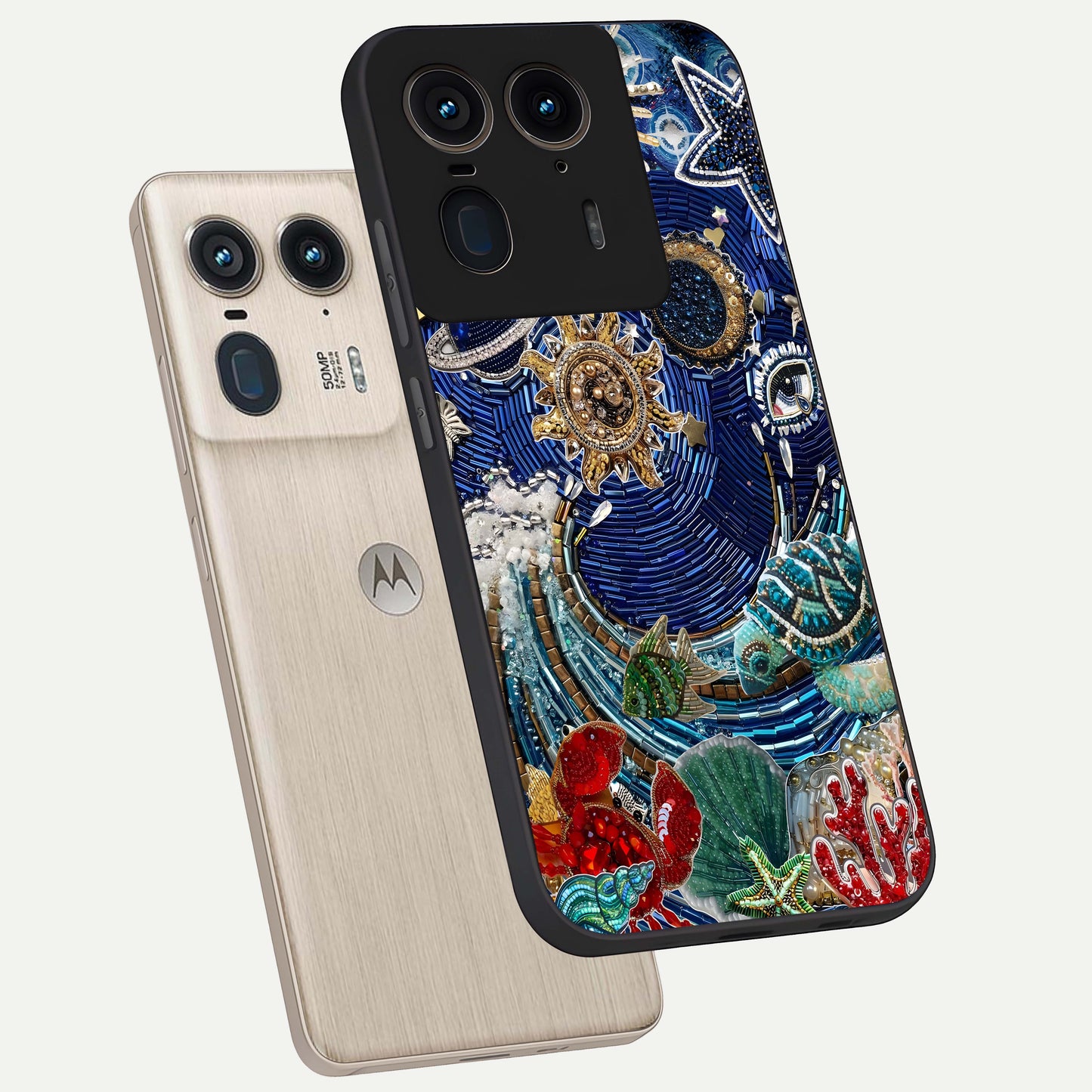 Universe Underwater Spark Glass Case displayed in angled mockup highlighting glowing aquatic design with celestial aesthetic.