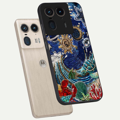 Universe Underwater Spark Glass Case displayed in angled mockup highlighting glowing aquatic design with celestial aesthetic.