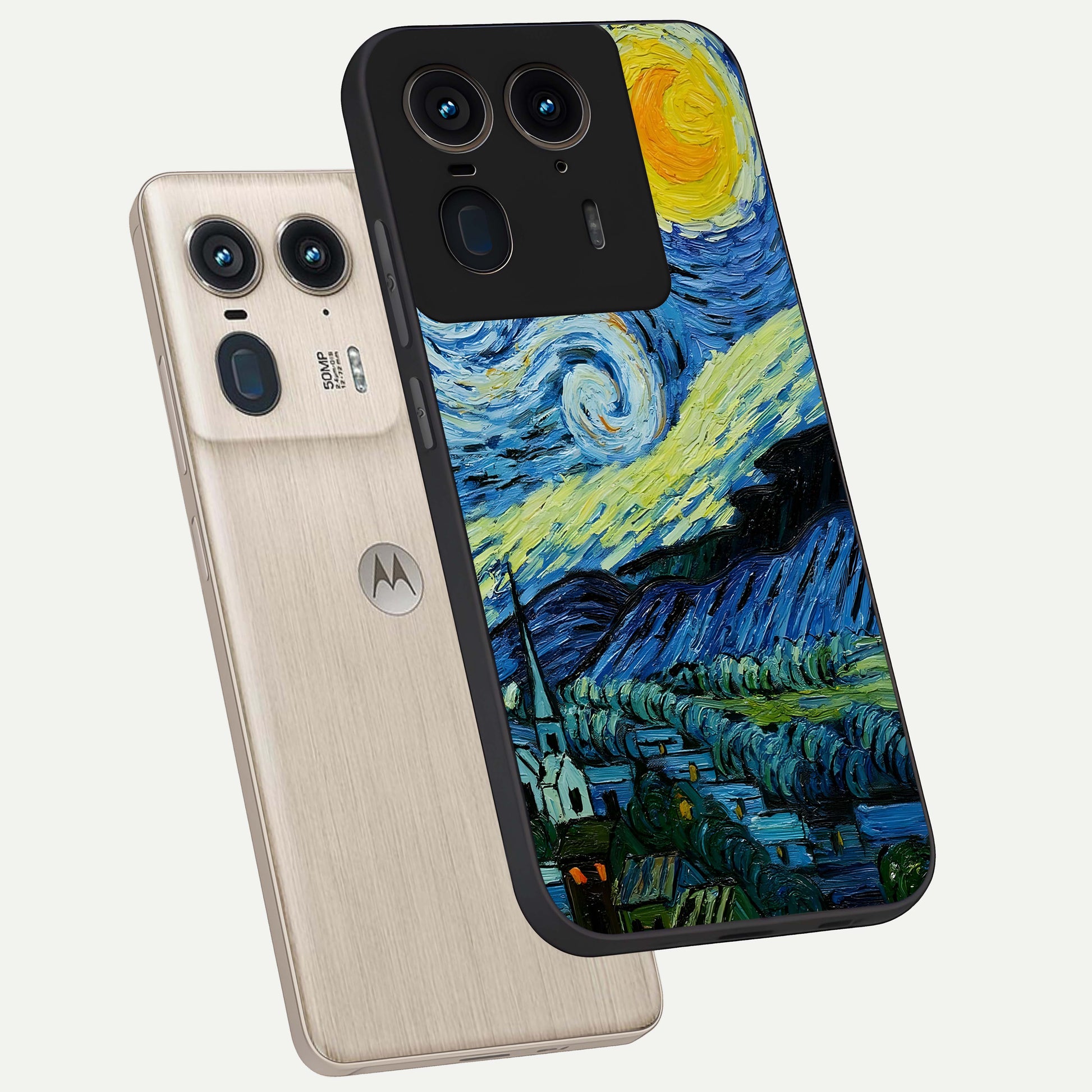 Van Gogh Art Glass Case displayed in angled mockup highlighting swirling brushstroke design with artistic aesthetic.