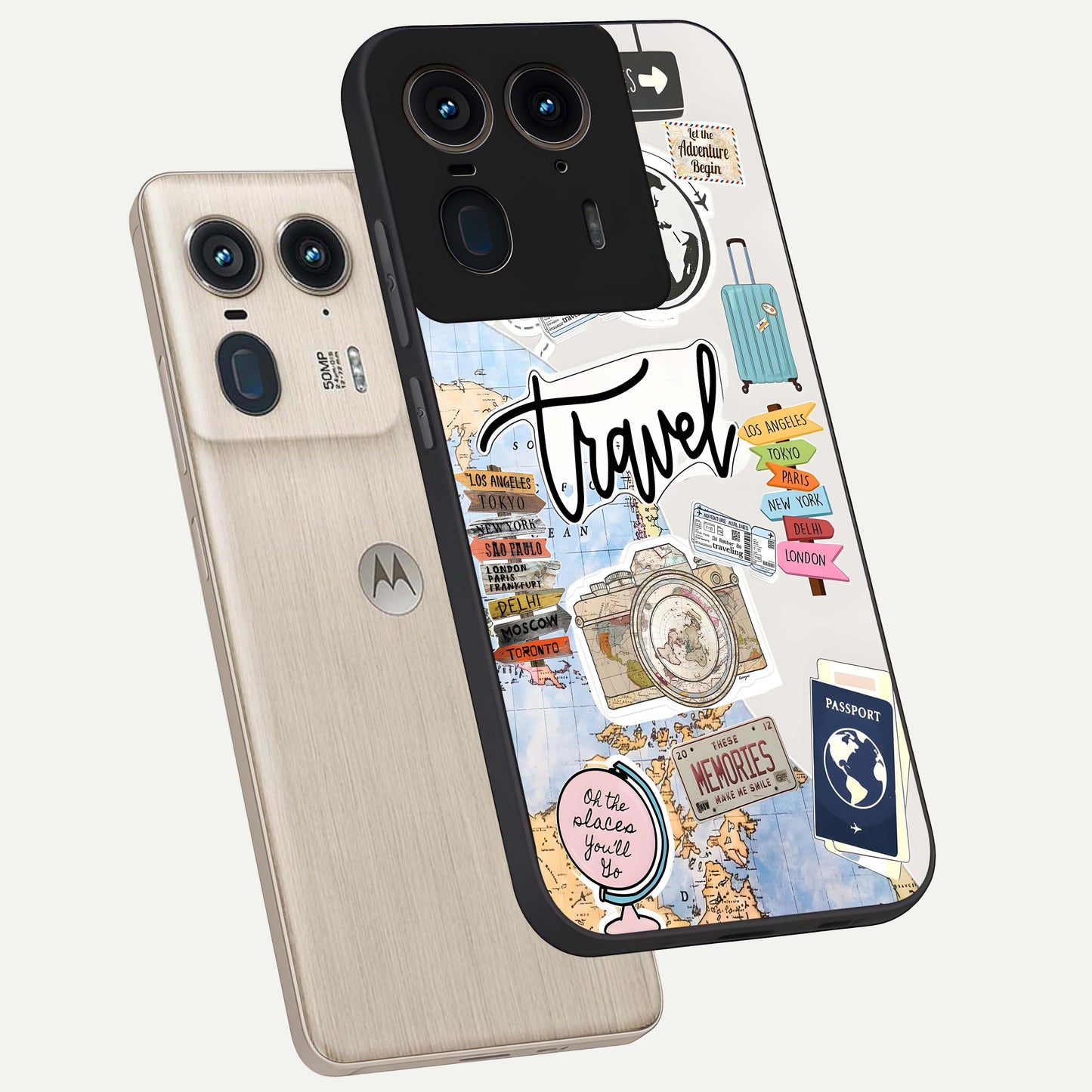 Wanderlust Journal Glass Case displayed in angled mockup highlighting adventure themed design with aesthetic travel vibe.