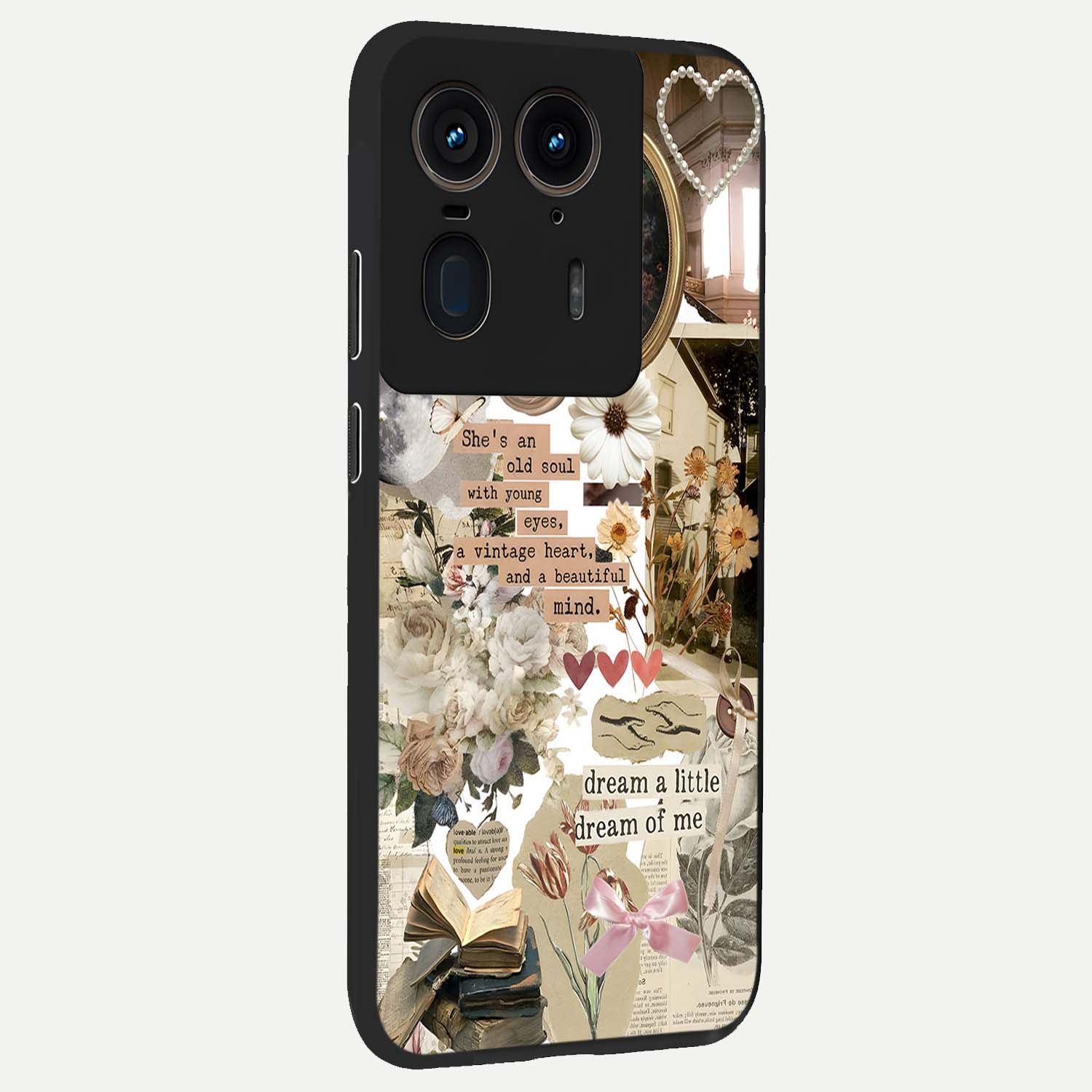 Aesthetic Brown Vintage Collage Glass Case upright view showcasing nostalgic retro artwork with stylish vintage theme.