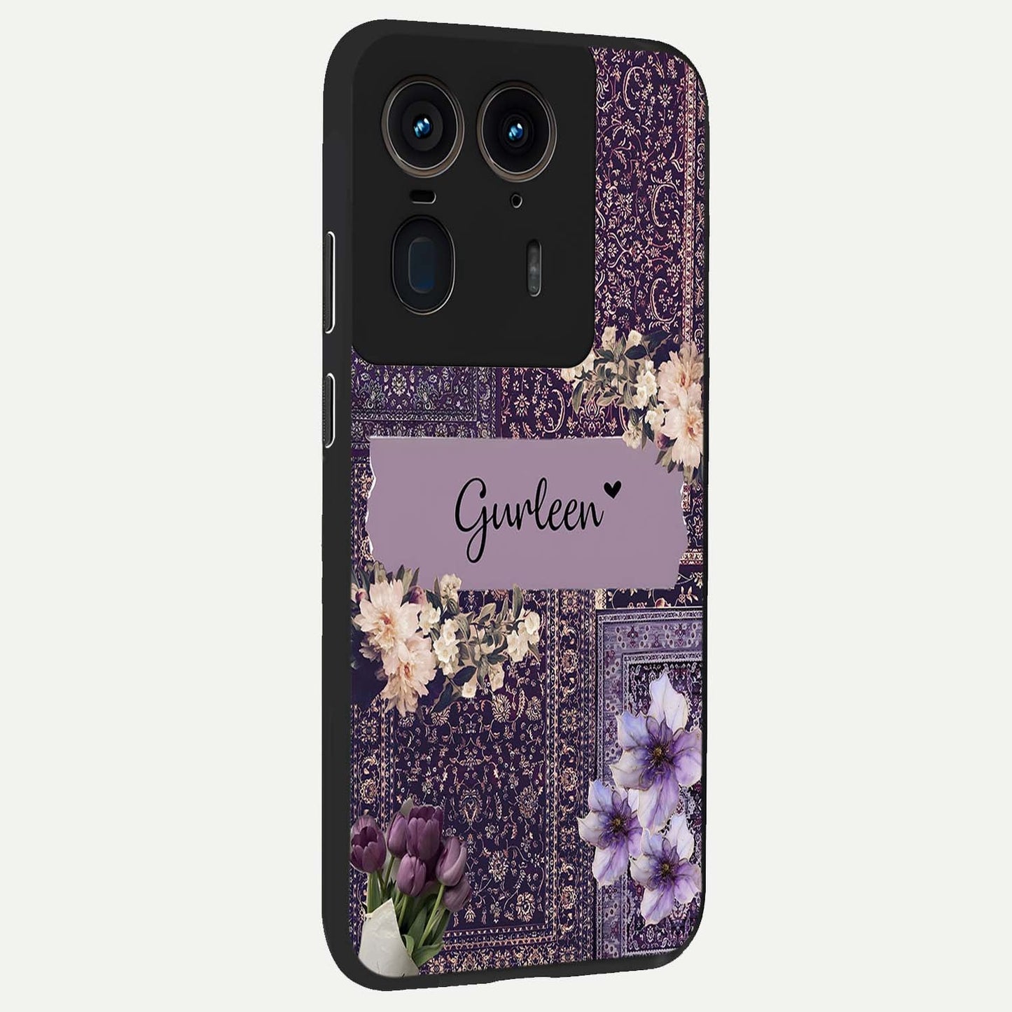 Antique Floral Whisper Custom Name Glass Case upright view showcasing delicate floral artwork with custom name feature.