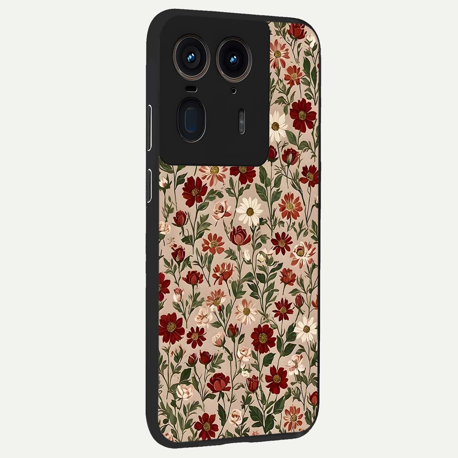 Biege Flower With Leaf Glass Case upright view showcasing delicate beige flower illustration with clean botanical style.
