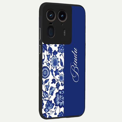 Blue Vintage Floral Pattern Glass Case upright view showcasing delicate blush floral texture with modern minimal style.