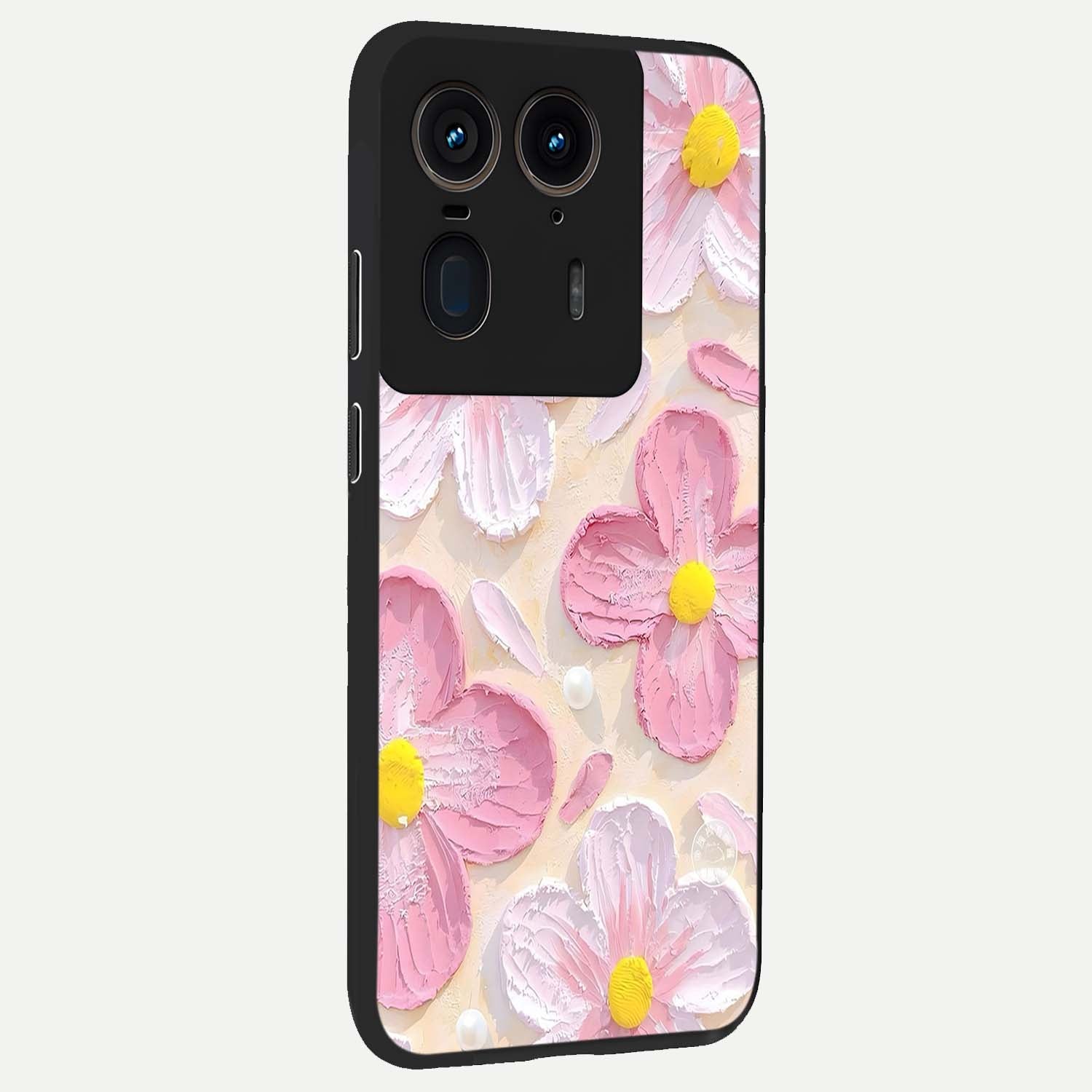 Blush Bloom Texture Glass Case upright view showcasing delicate blush floral texture with modern minimal style.