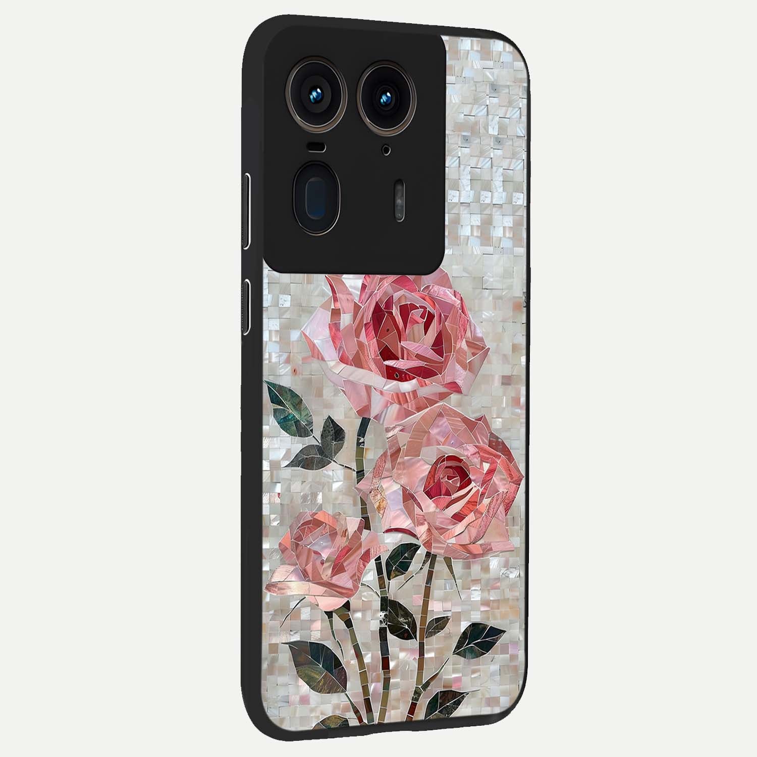 Blush Mosaic Bloom Glass Case upright view showcasing decorative floral mosaic artwork with stylish modern aesthetic.