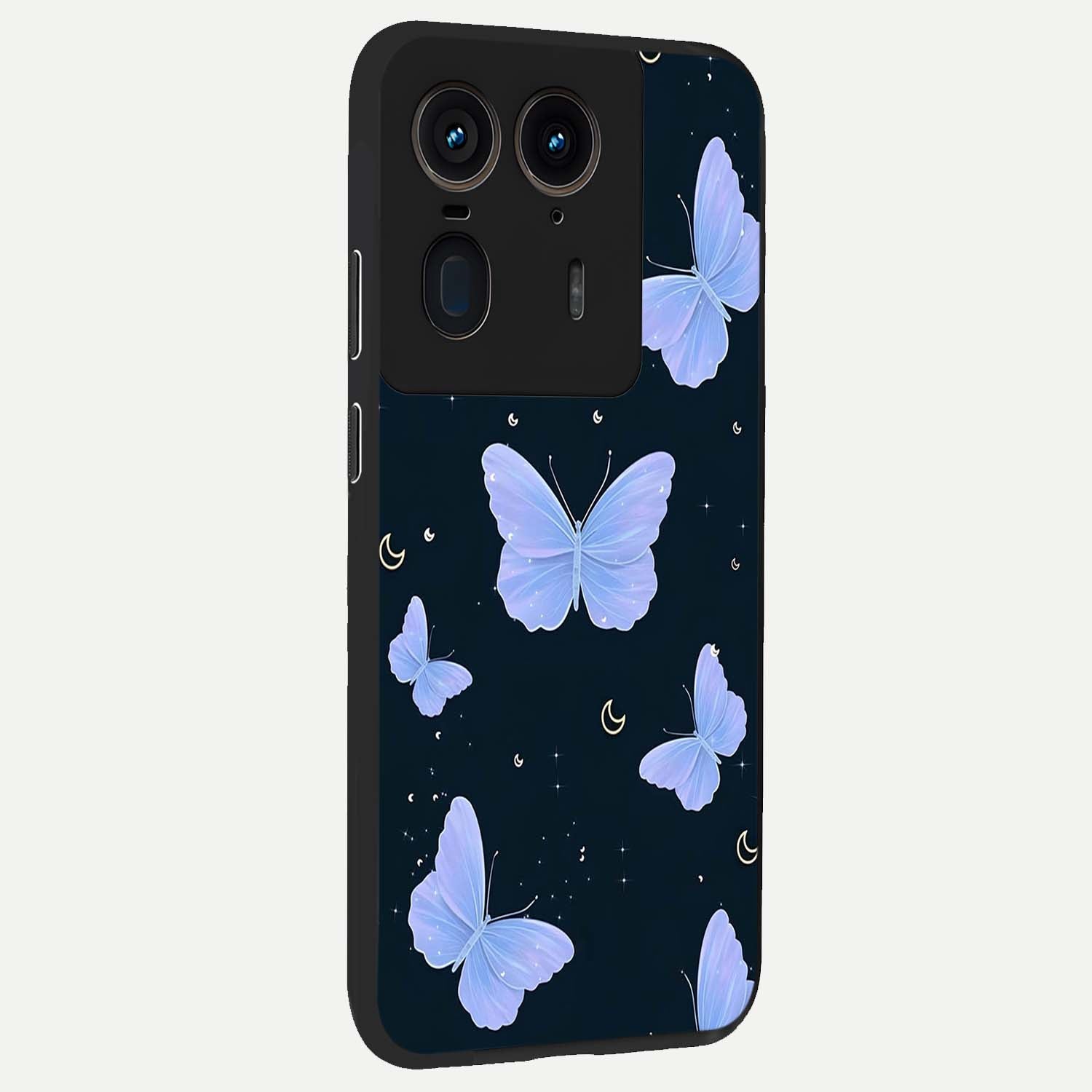 Butterfly With Stars Pattern Glass Case upright view showcasing celestial butterfly artwork with sparkling star elements.