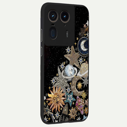 Cosmic Sparkle Dreams Glass Case upright view showcasing glowing cosmic artwork with magical galaxy theme.