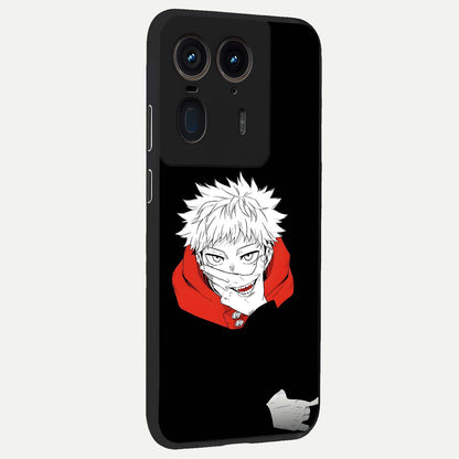 Crimson Chaos Smile Glass Case upright view showcasing expressive chaotic artwork with striking visual theme.