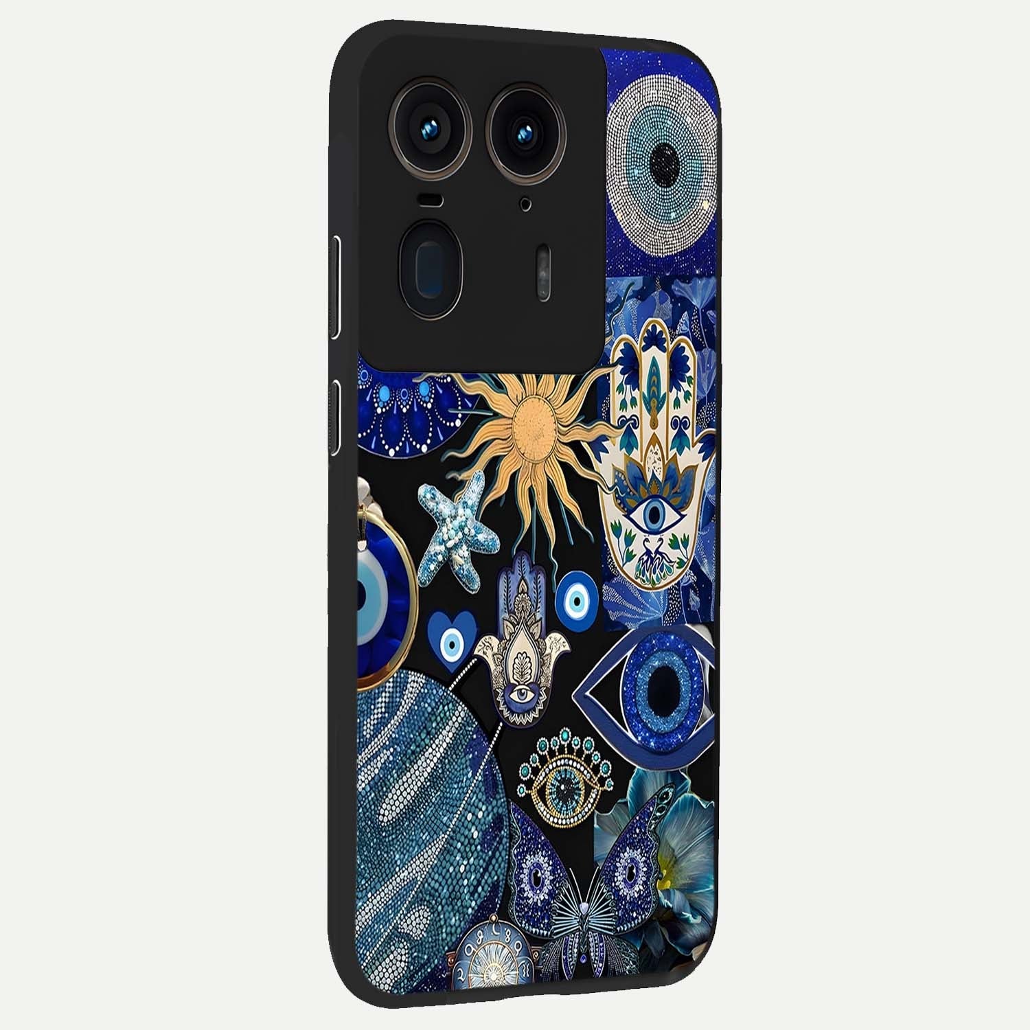 Evil Eye Charm Mix Glass Case upright view showcasing mystical evil eye pattern with vibrant decorative style.