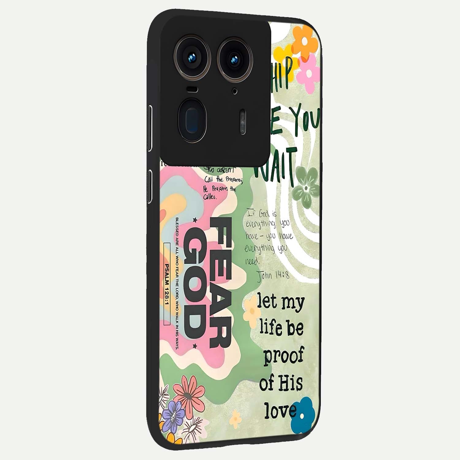 Faith Over Fear Glass Case upright view showcasing bold typography artwork with uplifting motivational theme.