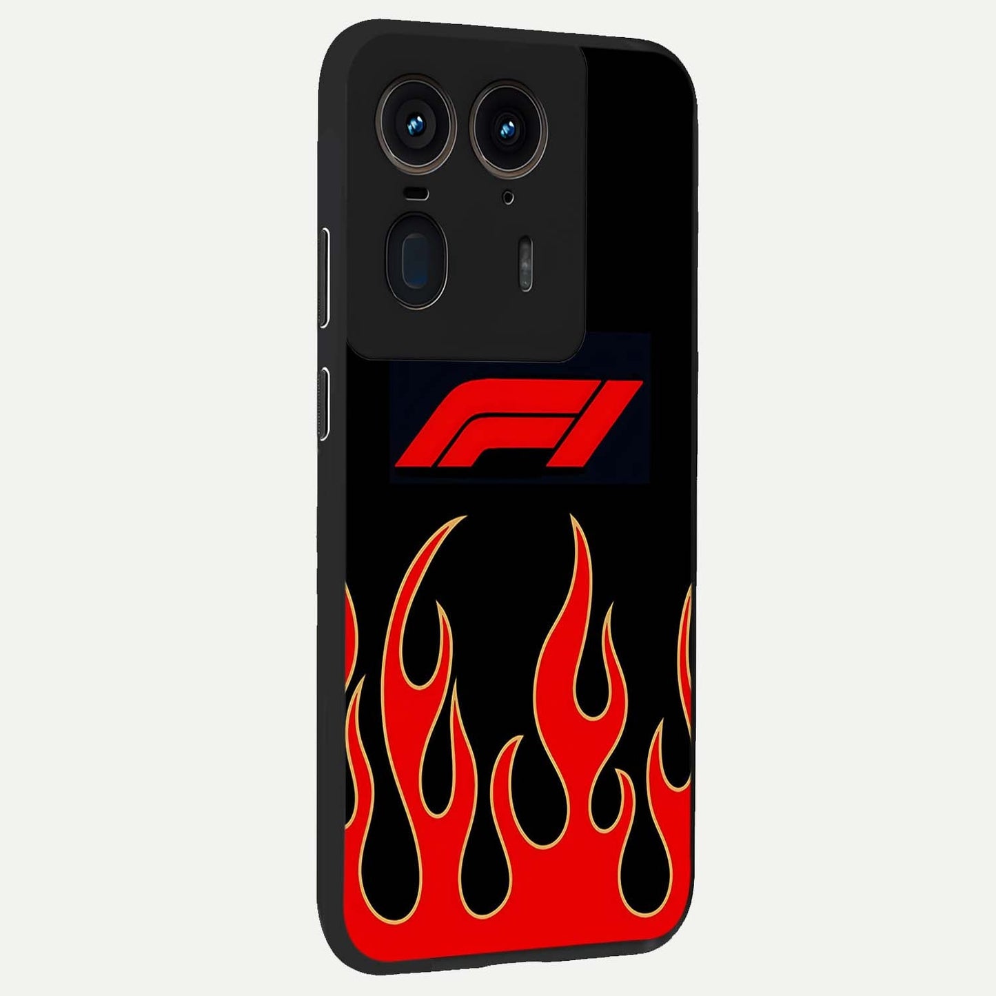 Fire F11 Glass Case upright view showcasing dynamic flame artwork with intense visual theme.