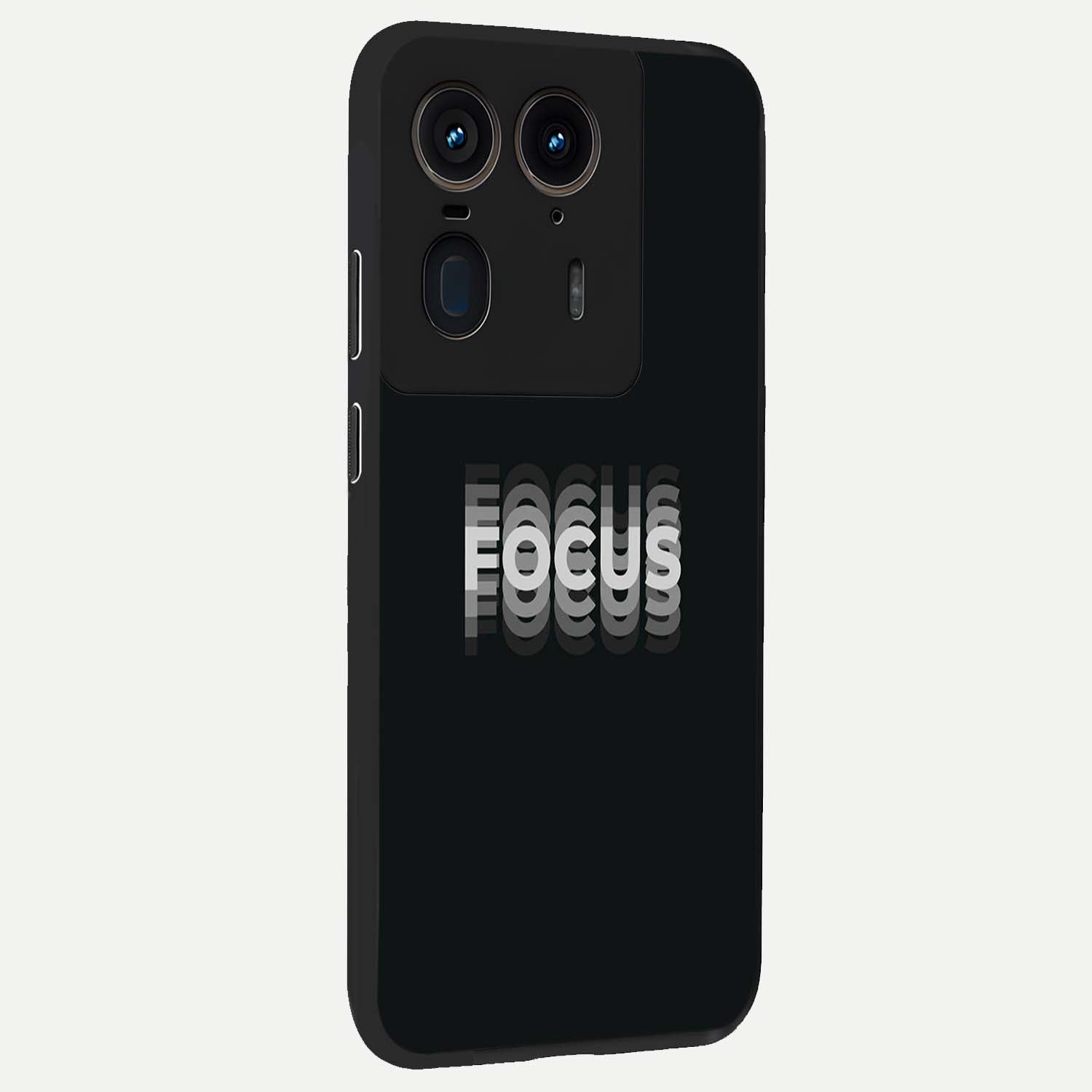 Focus Mode On Glass Case upright view showcasing strong typography statement with sleek motivational theme.