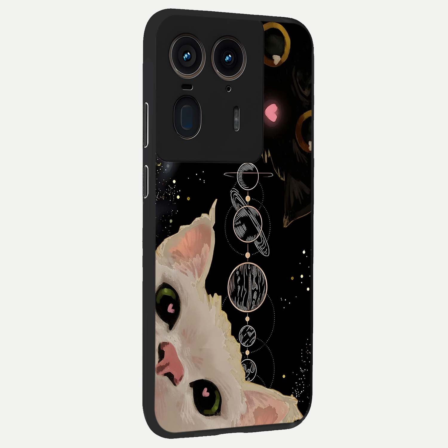 Galactic Cat Glass Case upright view showcasing mystical cat artwork with dreamy cosmic theme.