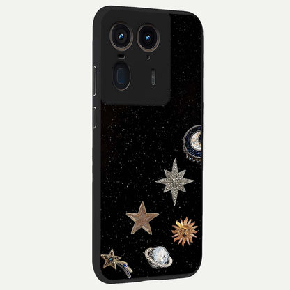 Galactic Charm Glow Glass Case upright view showcasing glowing cosmic charm artwork with magical celestial style.