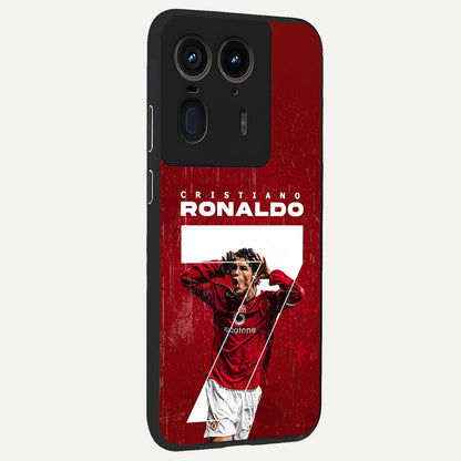 Goal Celebration Legacy Glass Case upright view showcasing dynamic football inspired artwork with victory celebration aesthetic.
