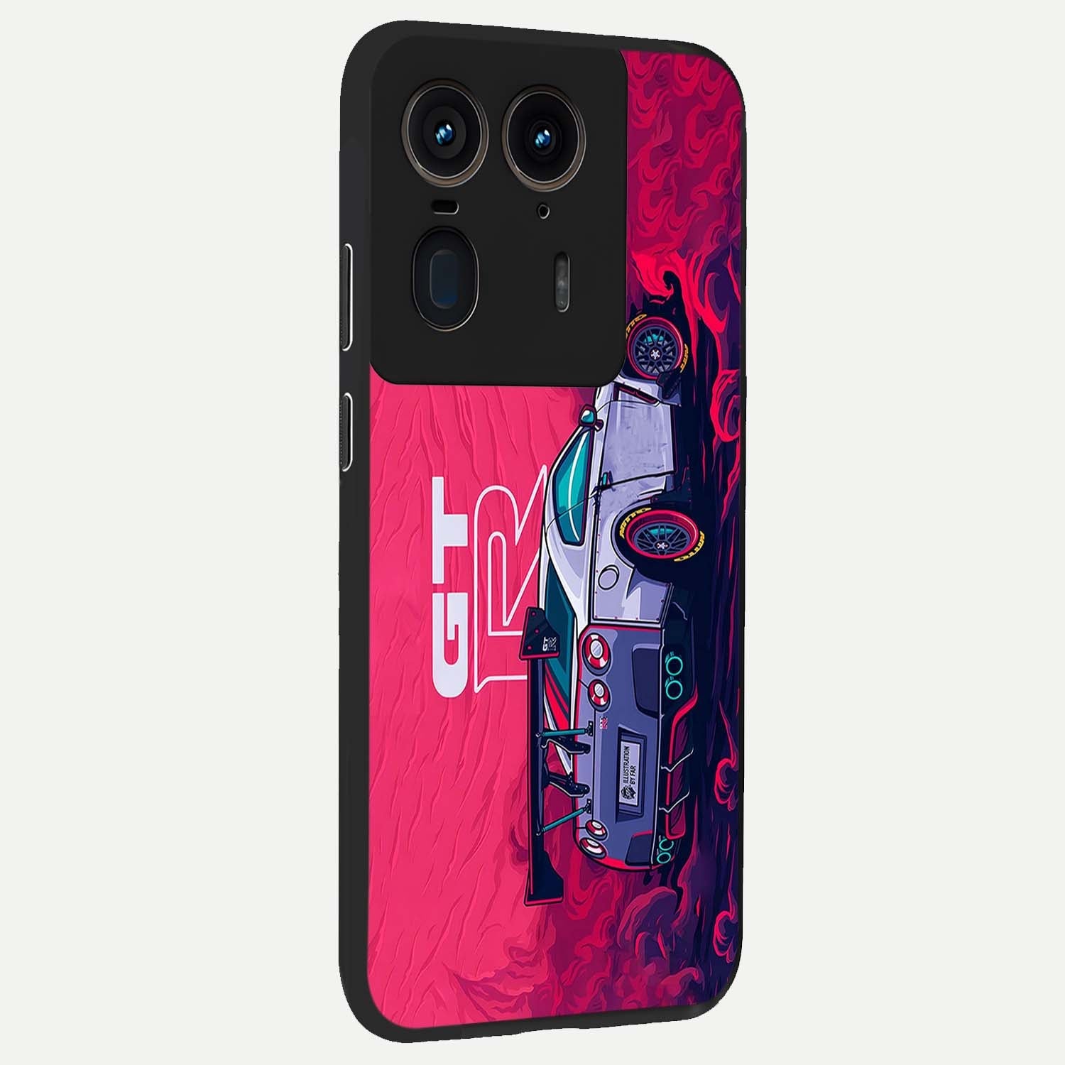 GT-R Car Pattern Glass Case upright view showcasing dynamic car pattern artwork with modern sports theme.