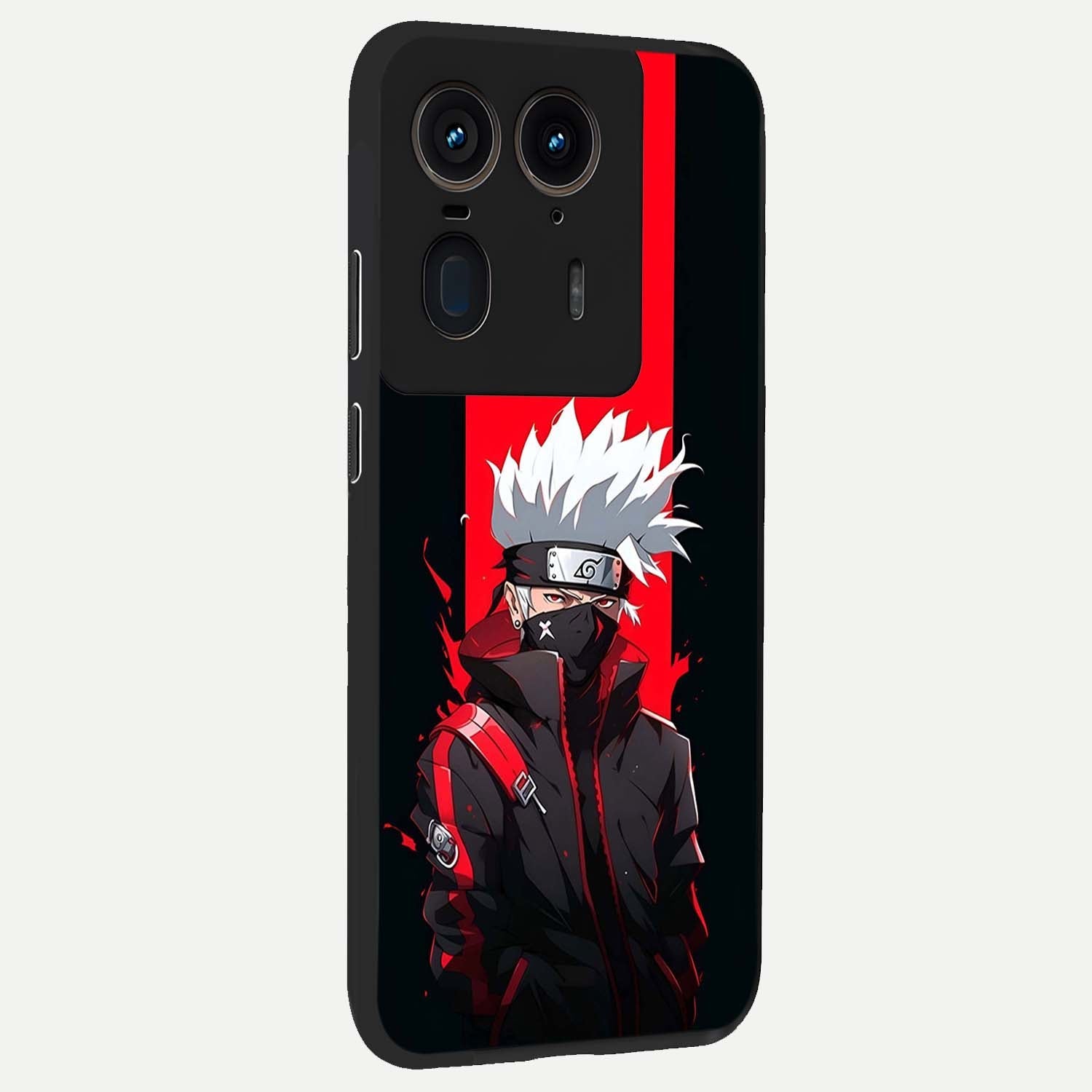 Kakashi Scarlet Shadow Glass Case upright view showcasing intense anime ninja artwork with dark action theme.