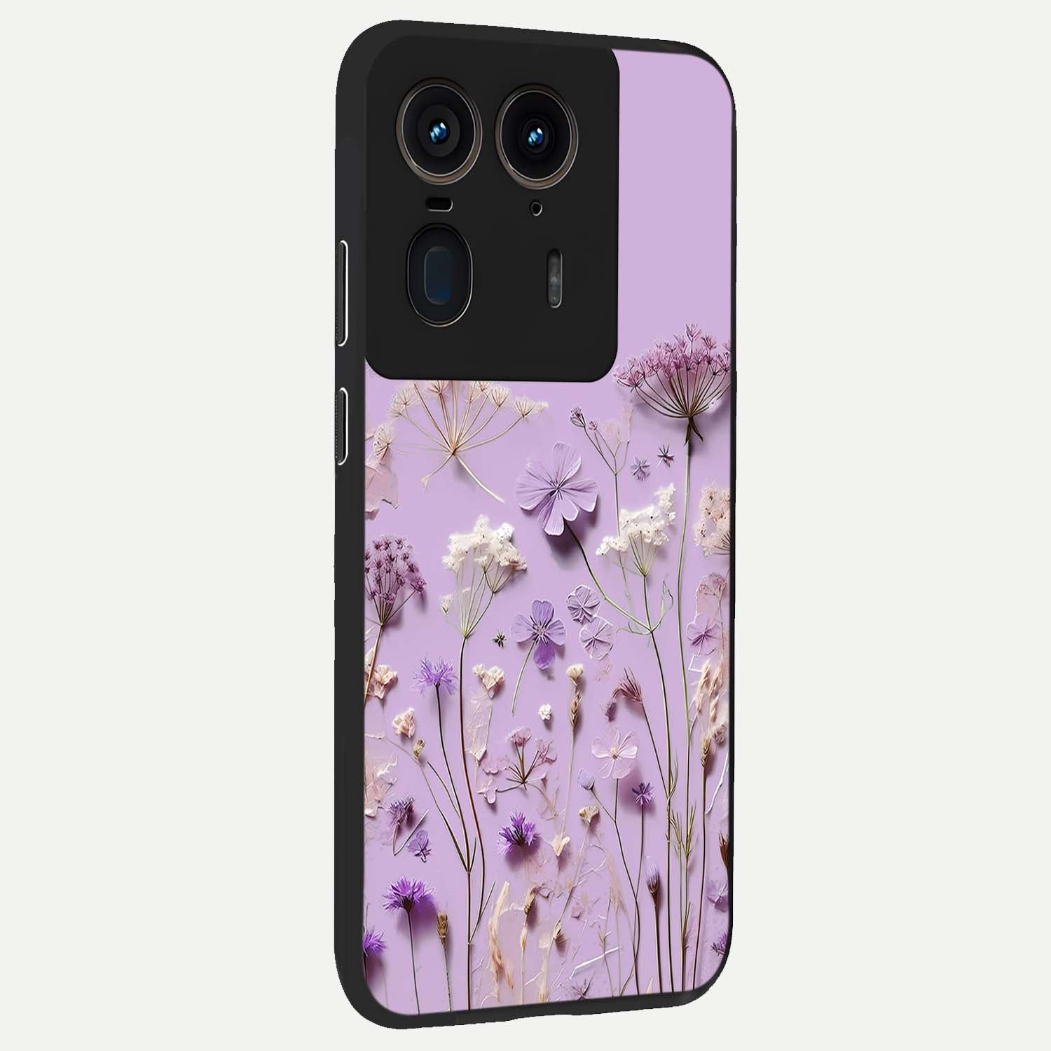 Lavender Blossom Dream Glass Case upright view showcasing delicate lavender blossom artwork with peaceful floral theme.
