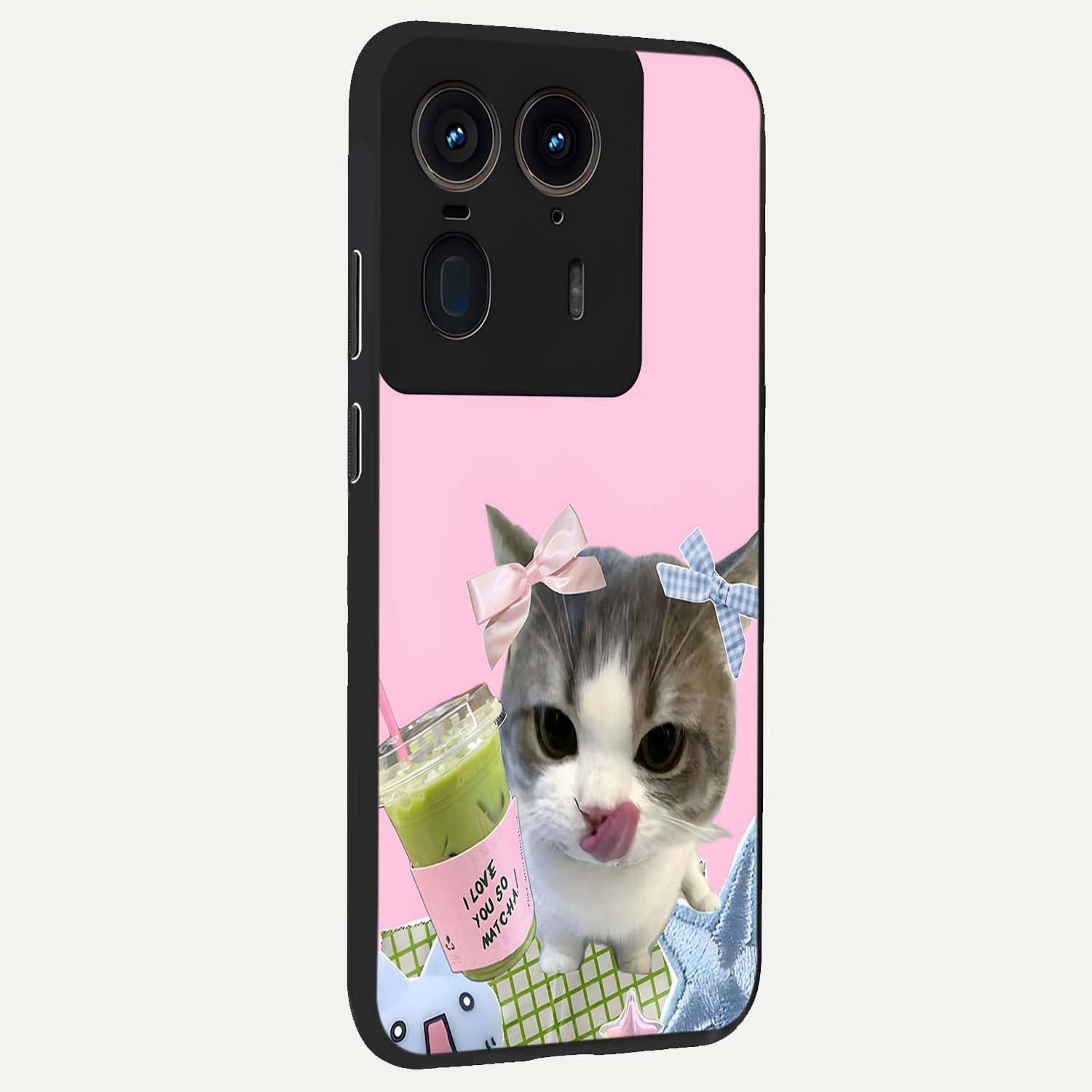 Love Matcha Cat Glass Case upright view showcasing adorable cat artwork with charming matcha themed design.