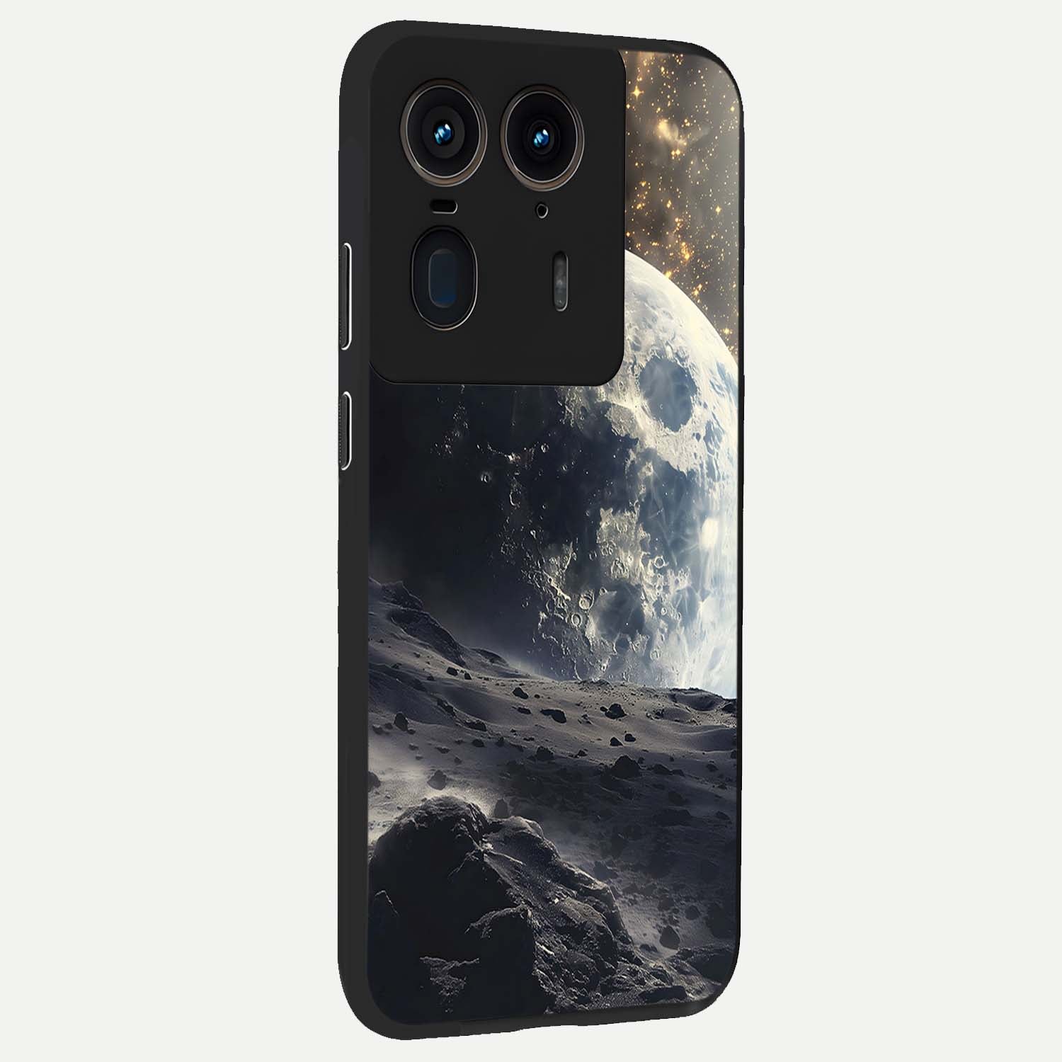 Lunar Horizon Glow Glass Case upright view showcasing radiant lunar artwork with calm cosmic theme.