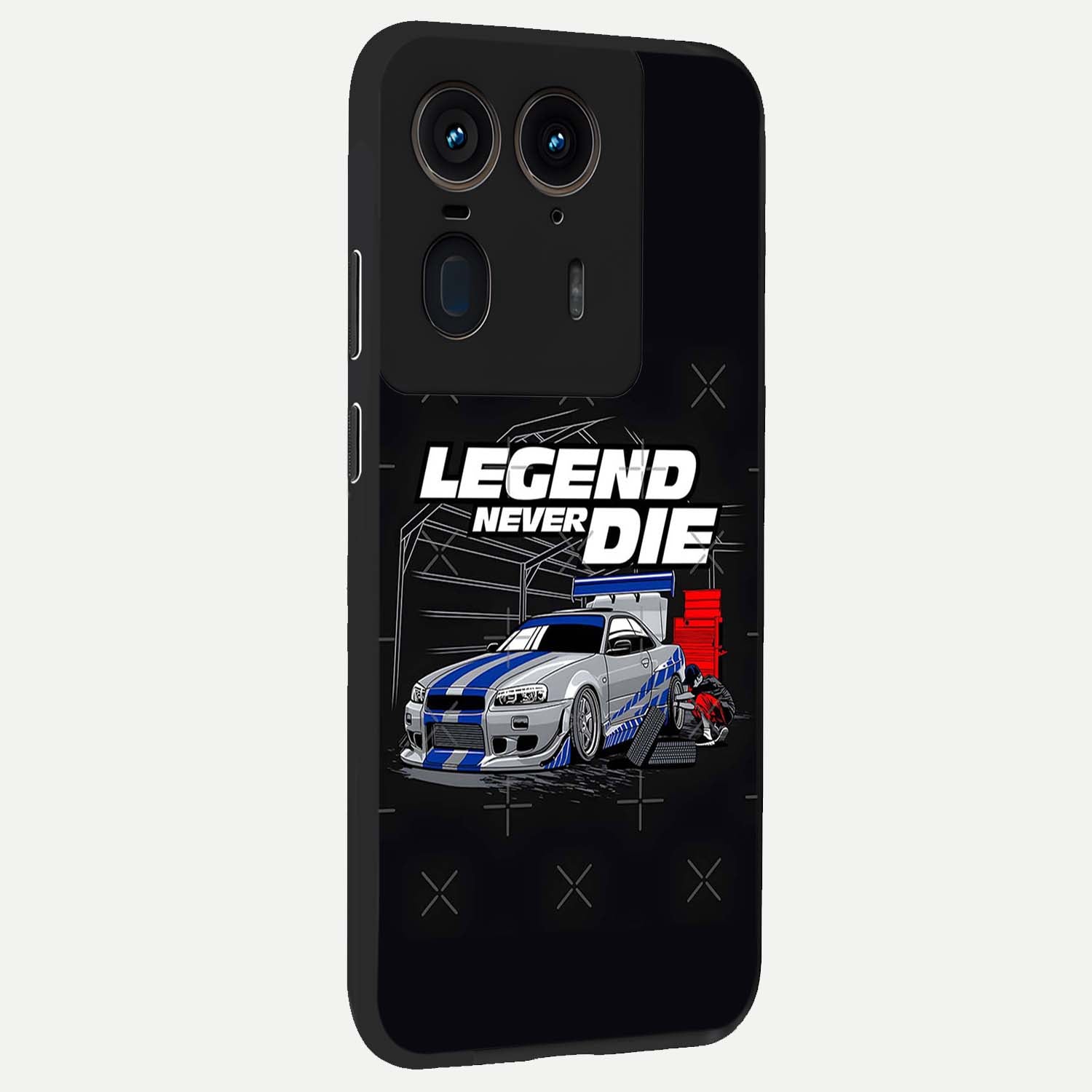 Midnight Racing Legacy Glass Case upright view showcasing powerful racing artwork with modern sports theme.