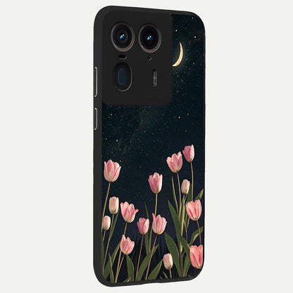 Midnight Tulip Whispers Vibe Glass Case upright view showcasing graceful tulip artwork with calm botanical theme.