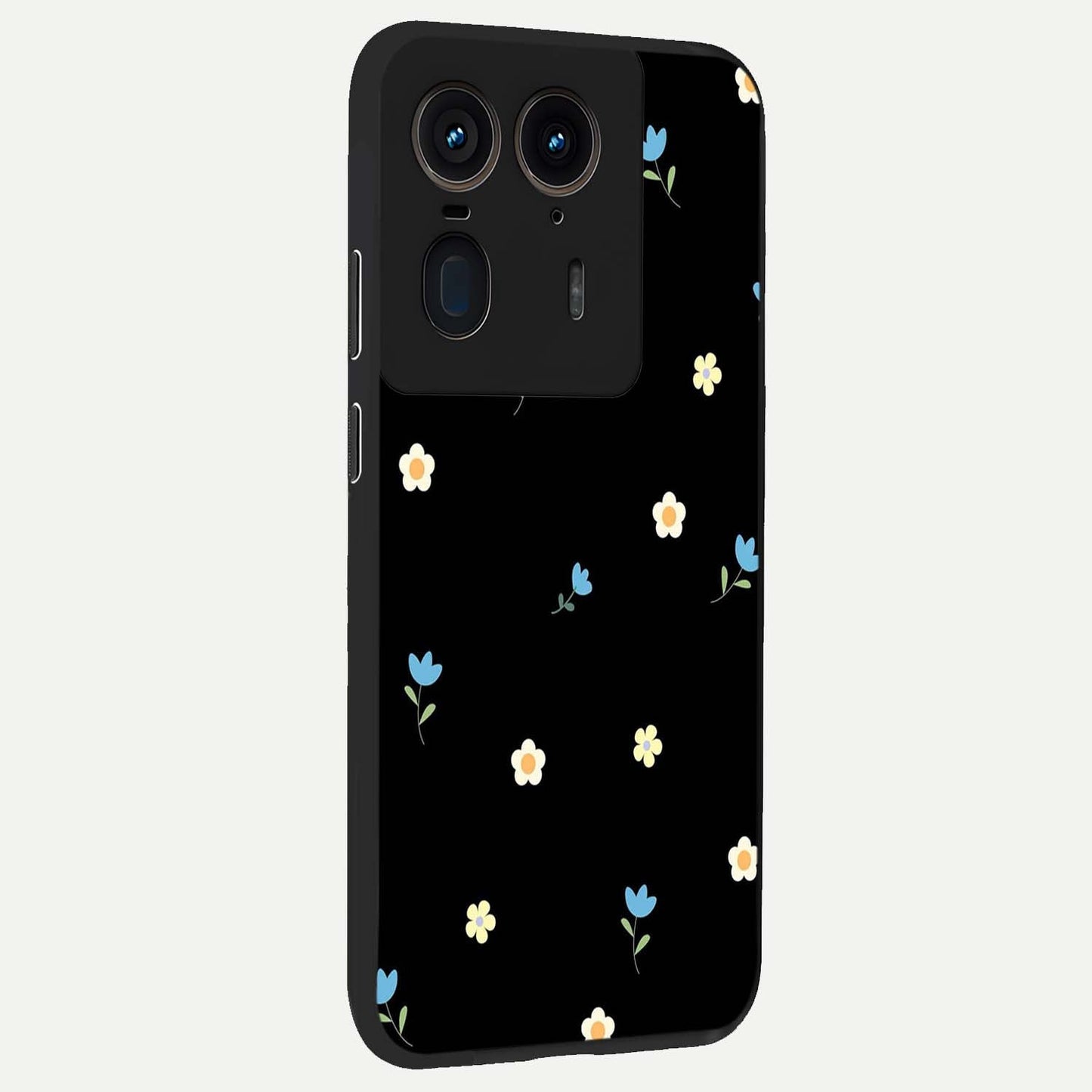 Minimal Petal Whispers Glass Case upright view showcasing elegant floral artwork with modern minimalist style.