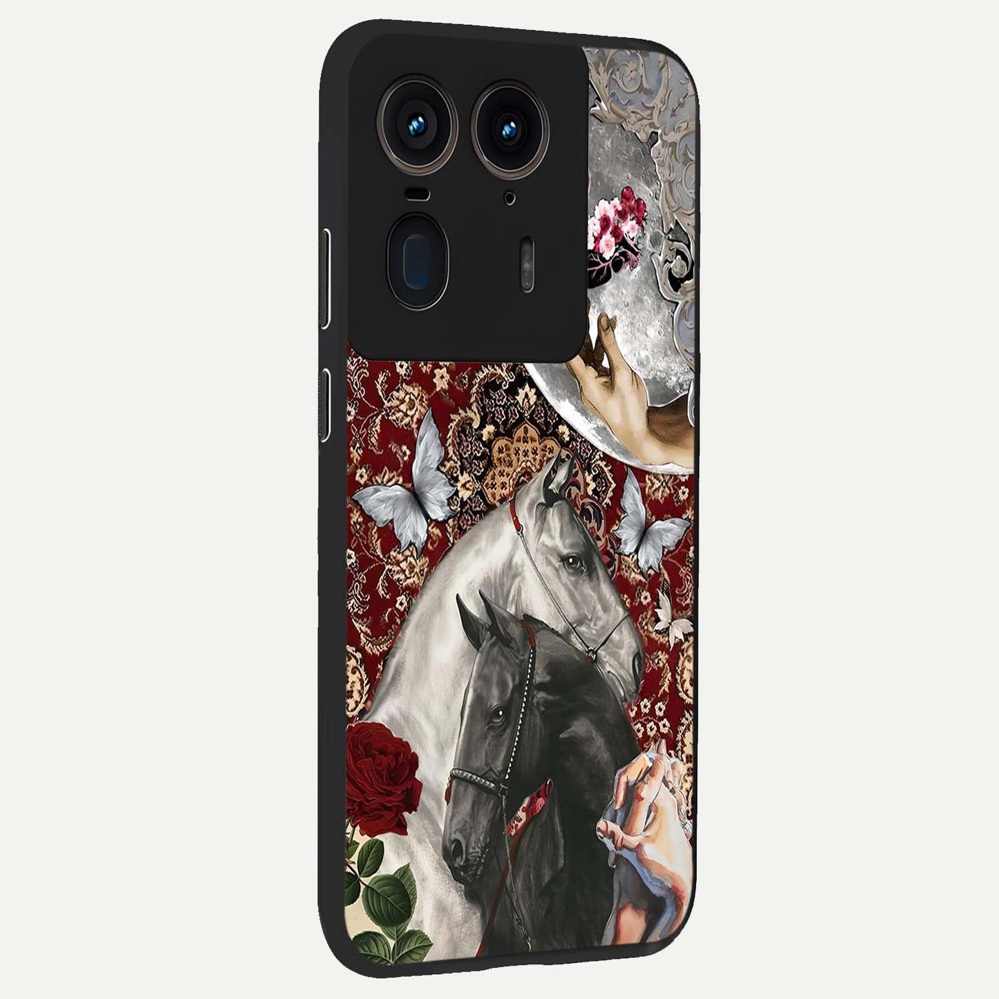 Moonlit Royal Stallion Glass Case upright view showcasing dramatic horse artwork with glowing moon themed design.