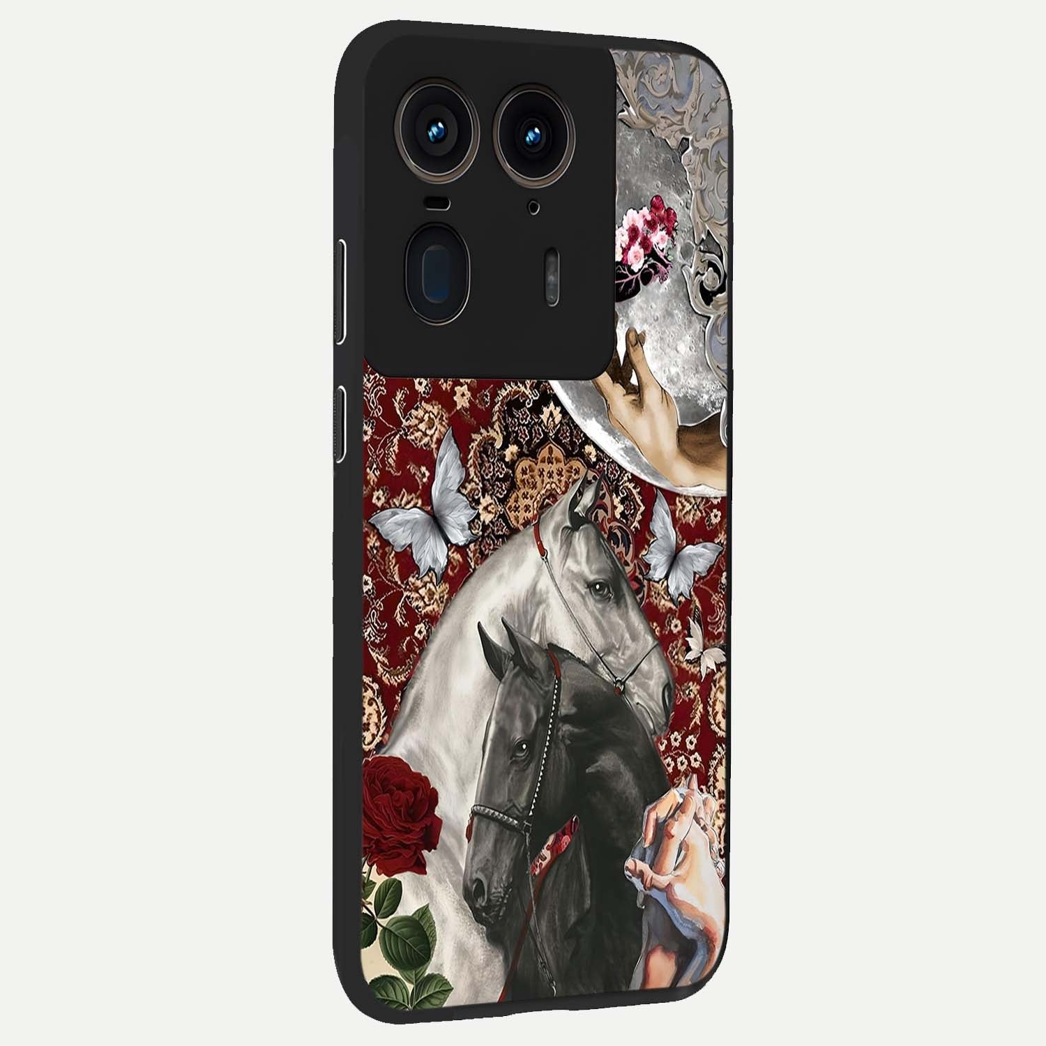 Moonlit Royal Stallion Glass Case upright view showcasing dramatic horse artwork with glowing moon themed design.