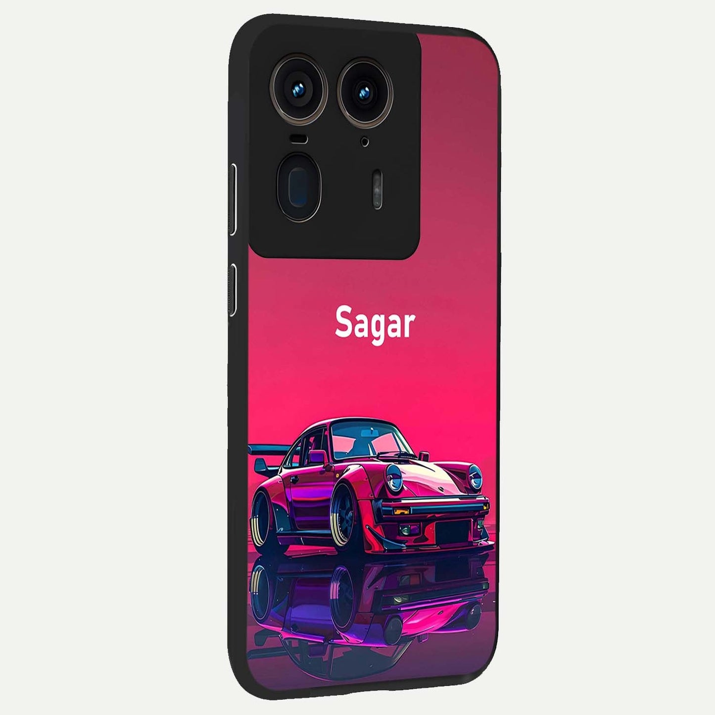 Neon Pink Porsche Glass Case upright view showcasing vibrant sports car artwork with bold automotive theme.