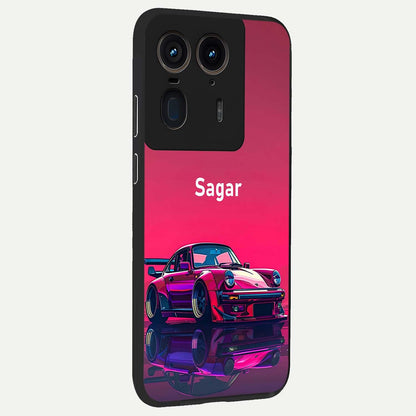 Neon Pink Porsche Glass Case upright view showcasing vibrant sports car artwork with bold automotive theme.