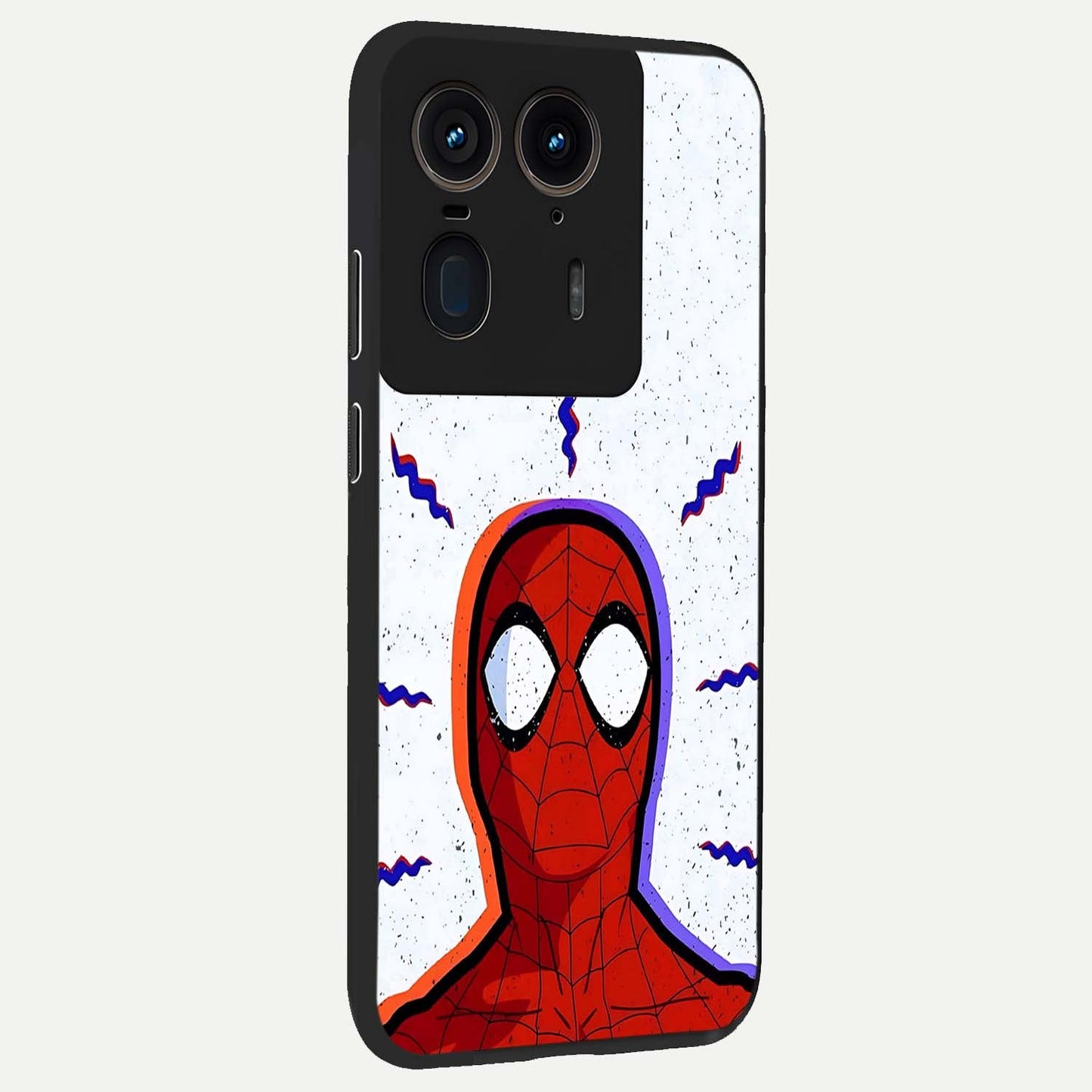 Omg Spiderman Glass Case upright view showcasing energetic superhero artwork with vibrant comic theme.