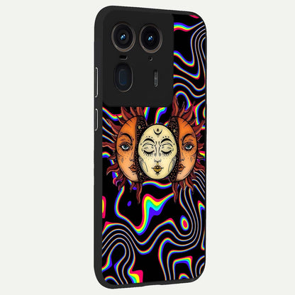 Psychedelic Sun Glass Case upright view showcasing trippy sun artwork with bold psychedelic theme.
