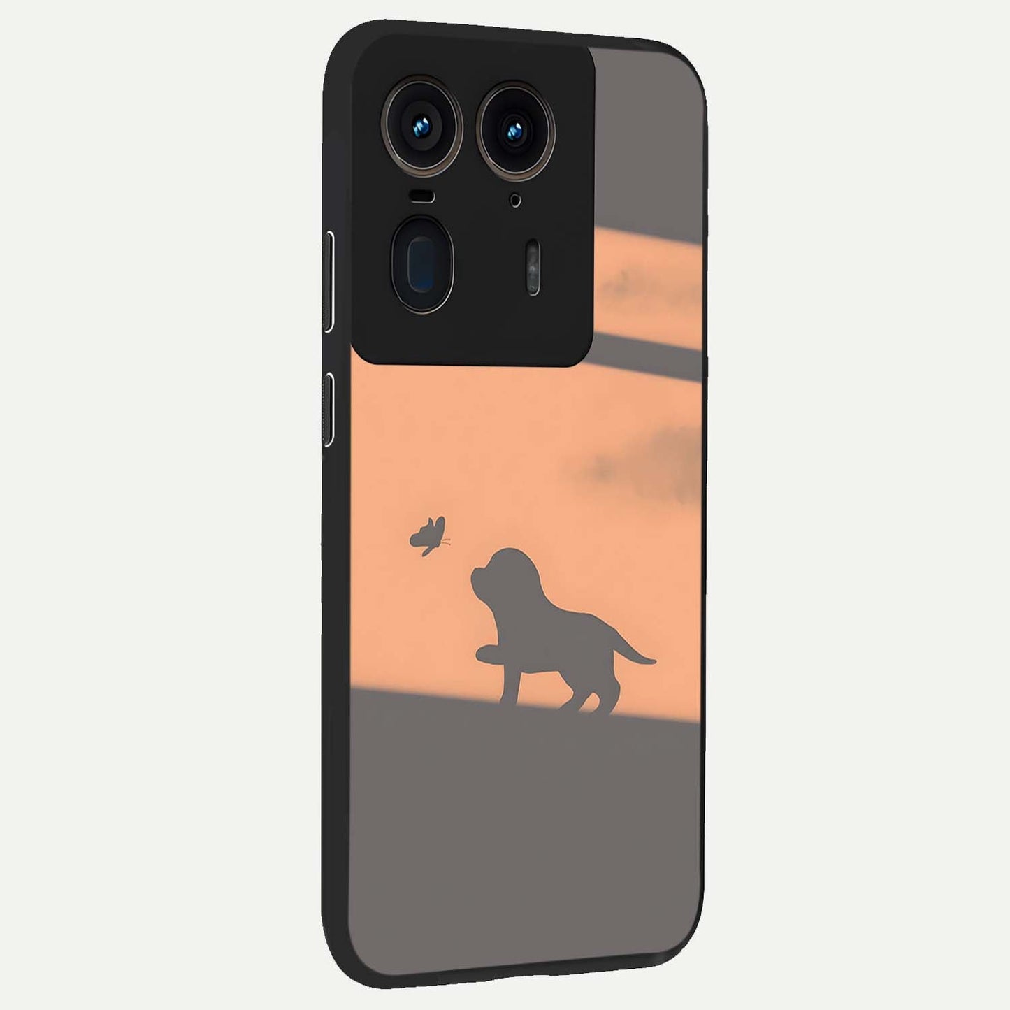 Puppy Shadow Art Glass Case upright view showcasing charming puppy artwork with creative silhouette theme.