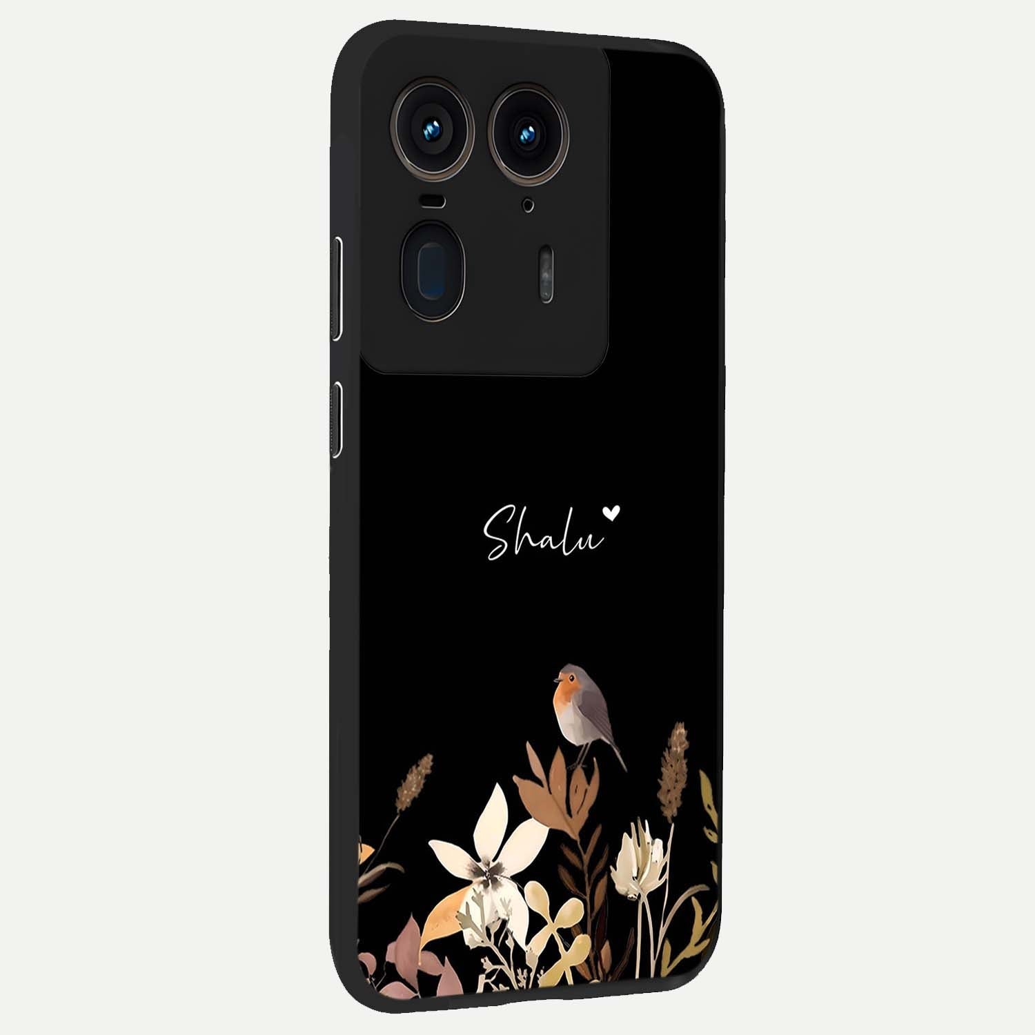 Quiet Garden Tune Custom Name Glass Case upright view showcasing serene botanical artwork with personalized aesthetic.