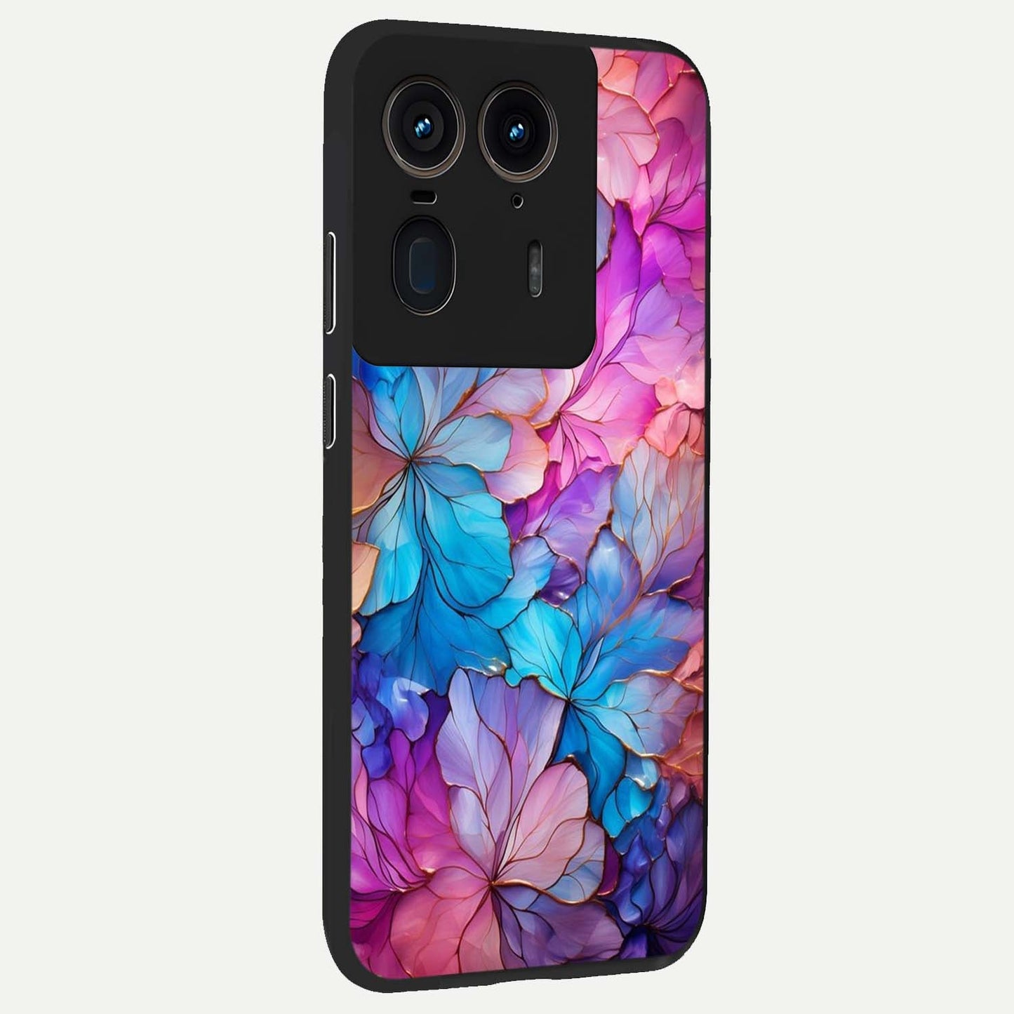 Radiant Floral Whirl Glass Case upright view showcasing lively floral artwork with decorative swirl theme.