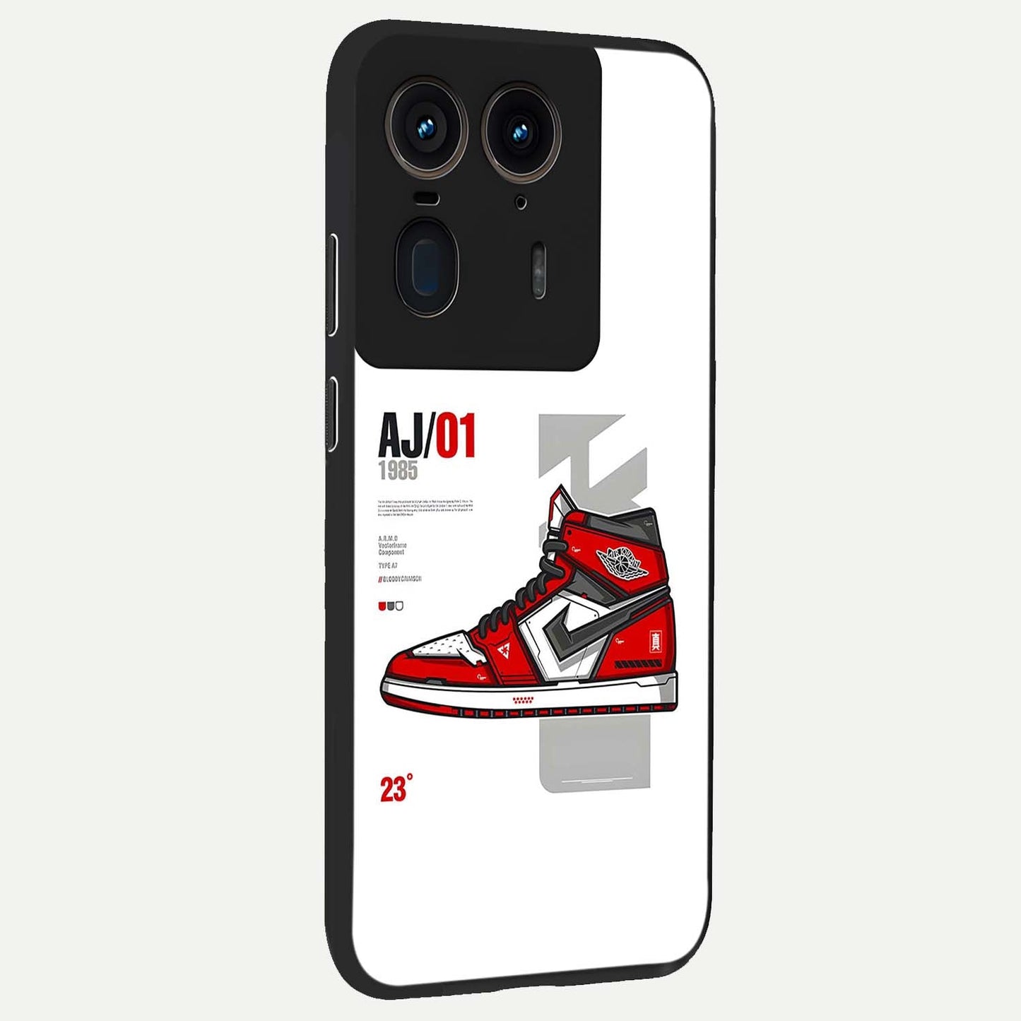 Retro Sneaker Blueprint Glass Case upright view showcasing stylish sneaker illustration with vintage streetwear theme.